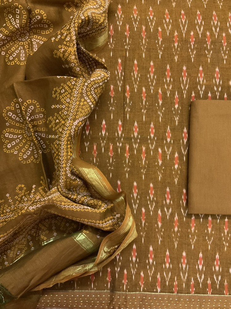 Image of Pure Fine Ikkat Cotton Self Weaved Printed Suit - Brown