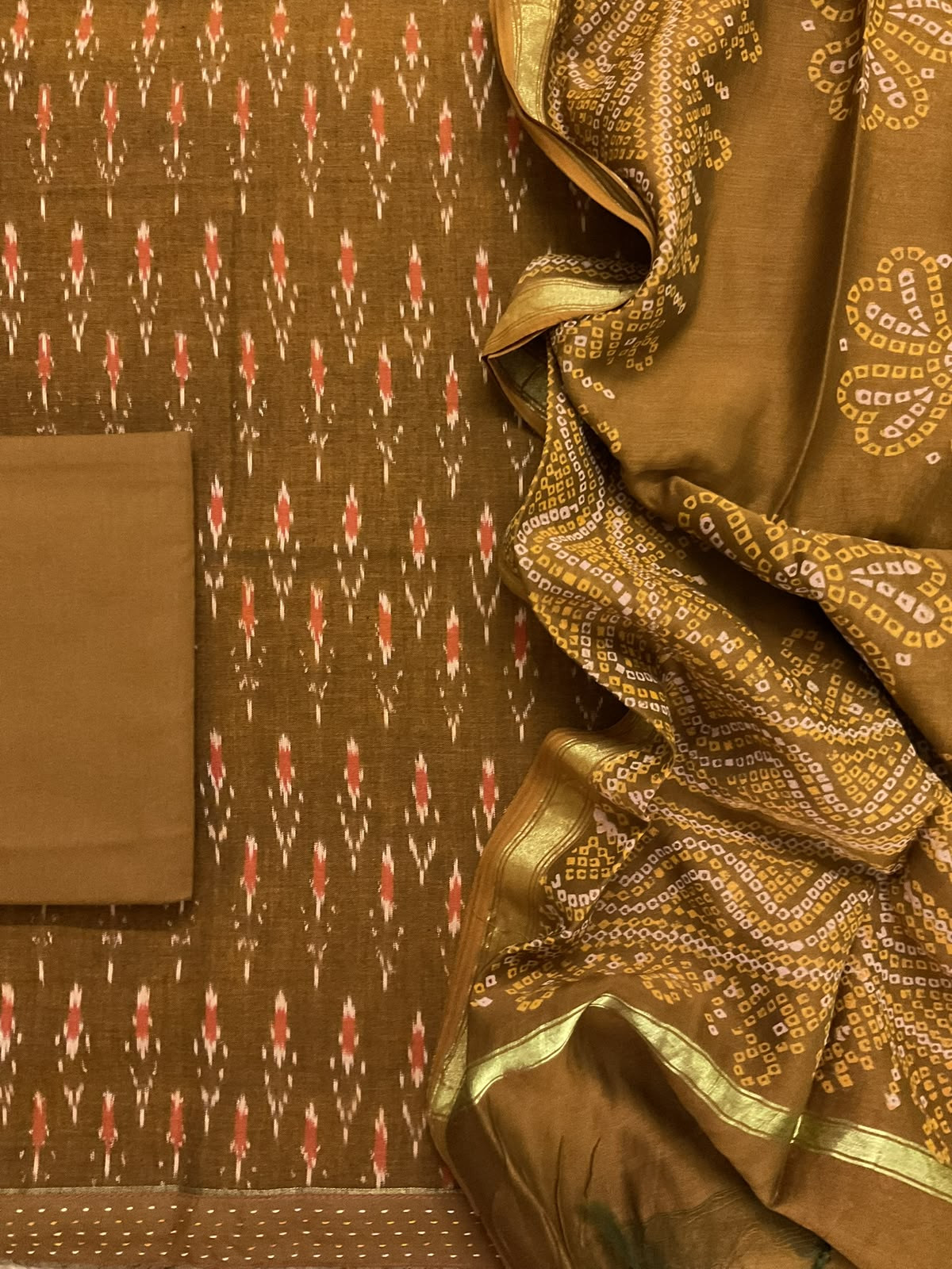 Pure Fine Ikkat Cotton Self Weaved Printed Suit - Brown