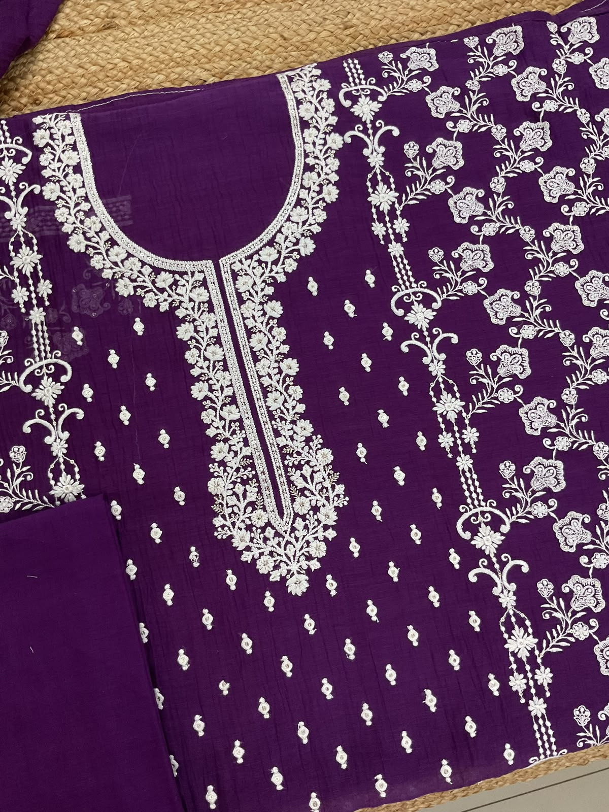 Pure Mul Chanderi Embroidered Suit - Violet