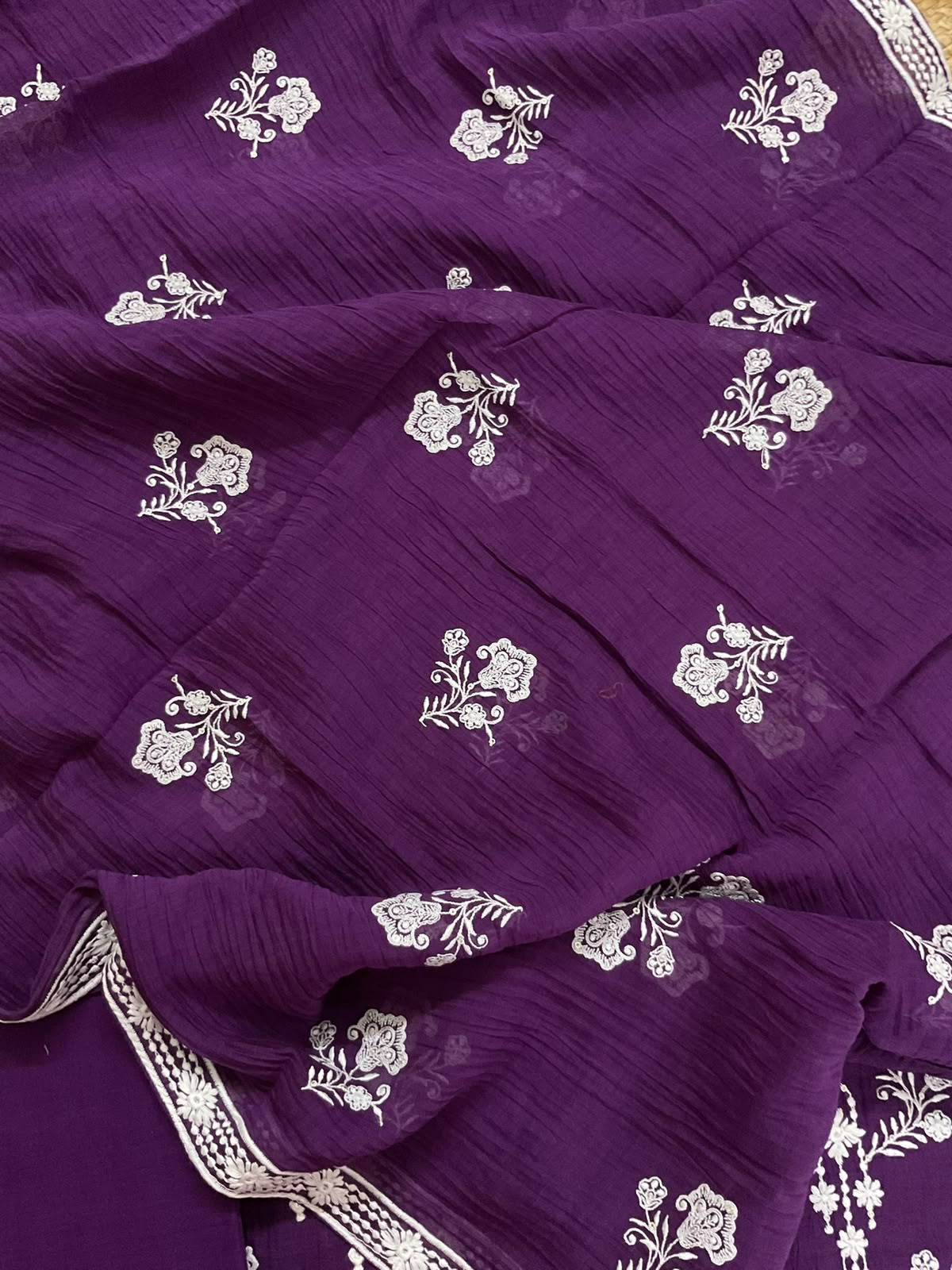 Pure Mul Chanderi Embroidered Suit - Violet