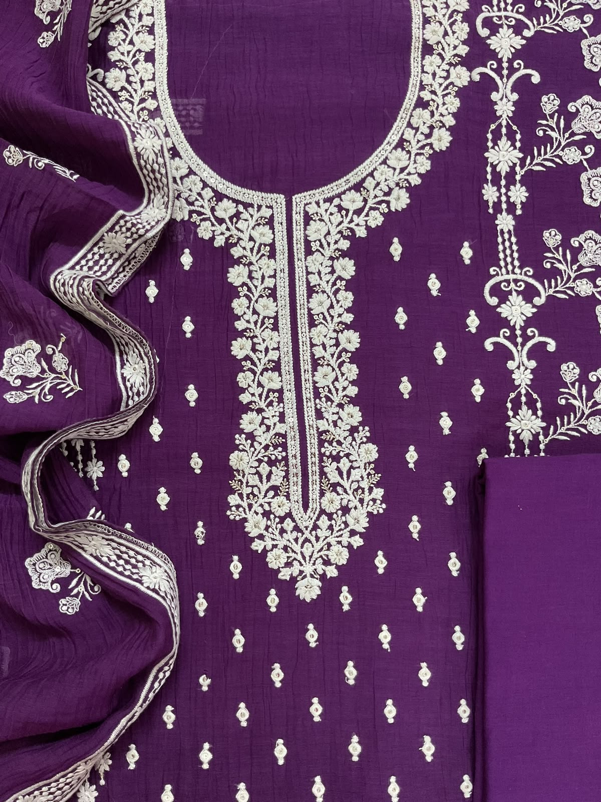 Pure Mul Chanderi Embroidered Suit - Violet