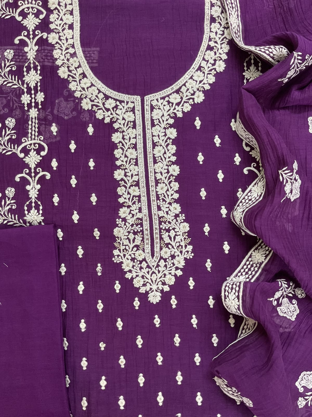Pure Mul Chanderi Embroidered Suit - Violet