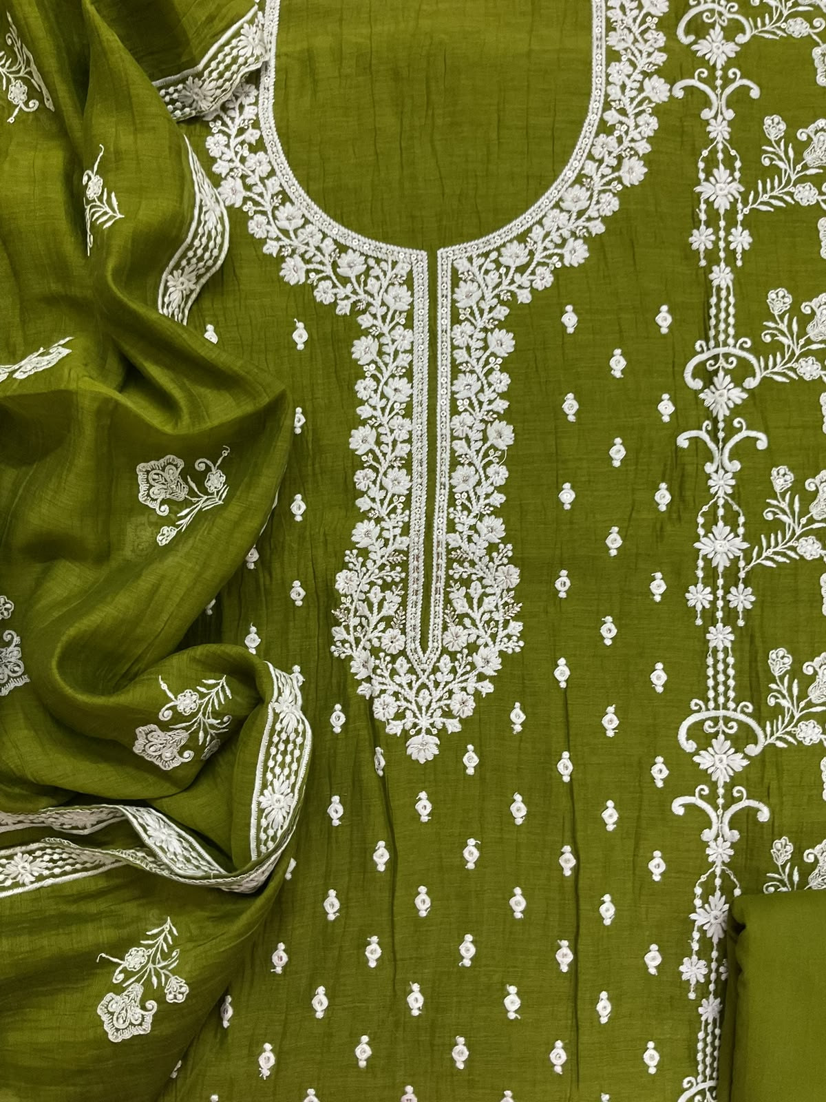 Pure Mul Chanderi Embroidered Suit - Green