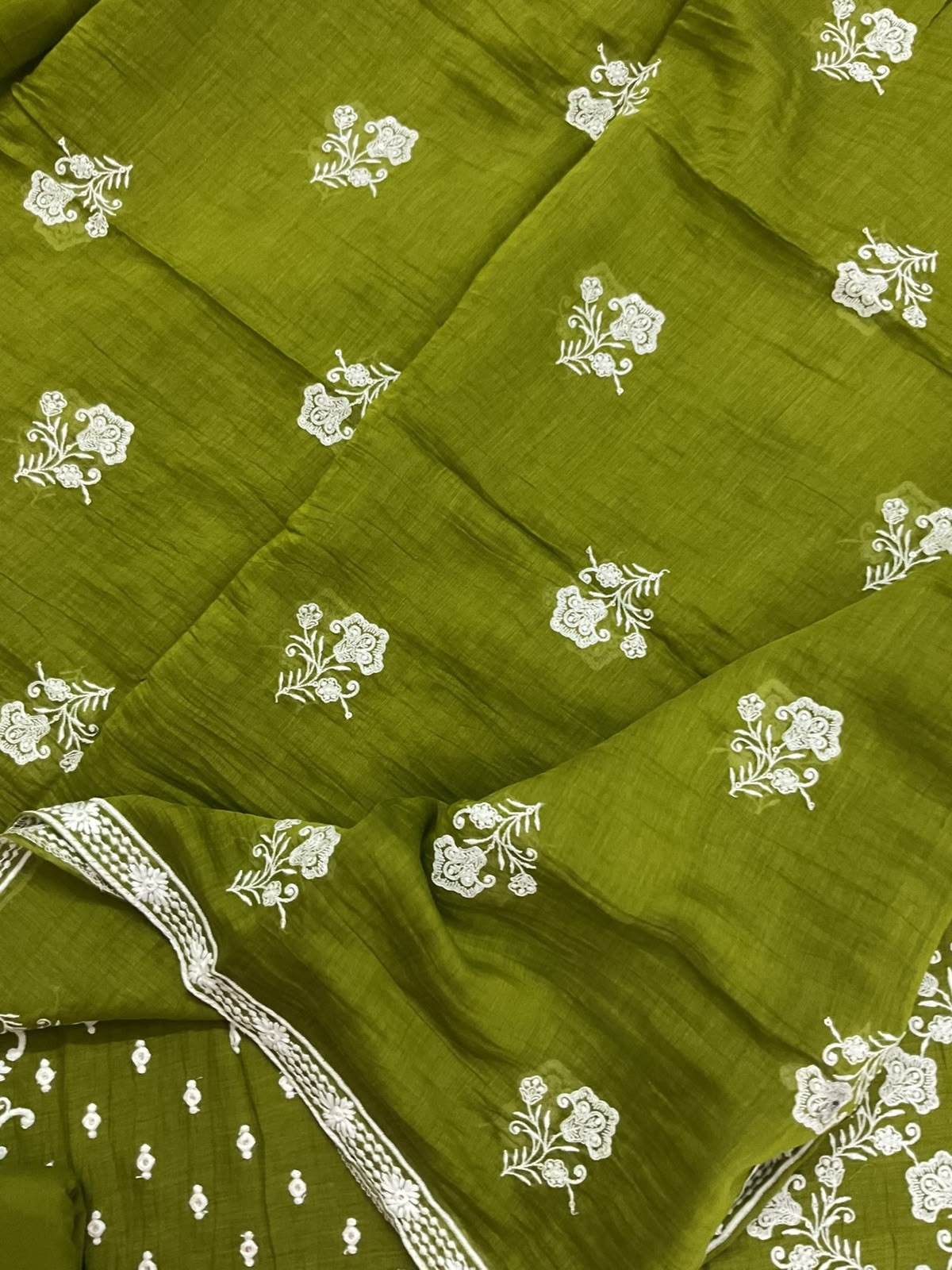 Pure Mul Chanderi Embroidered Suit - Green
