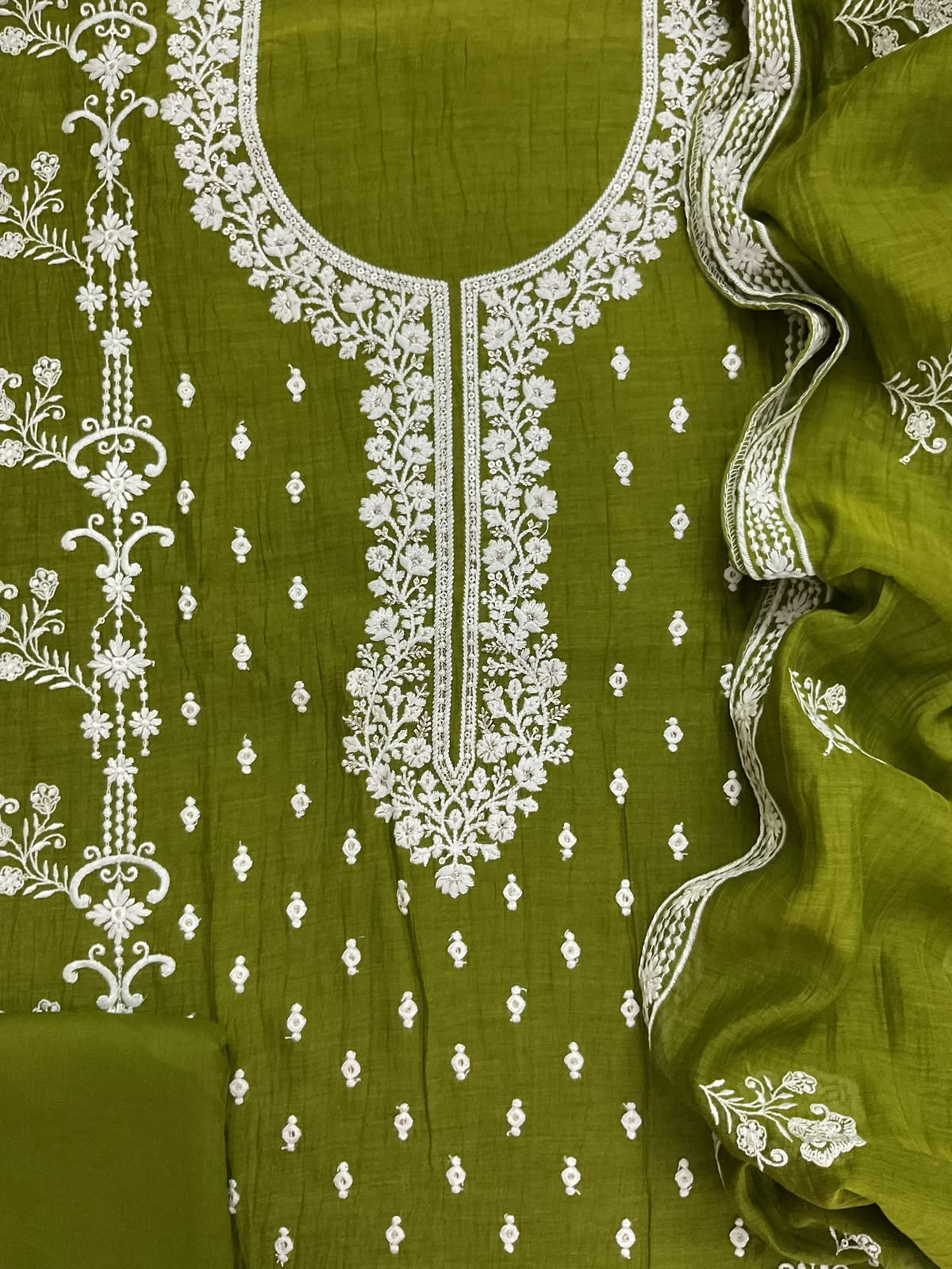 Pure Mul Chanderi Embroidered Suit - Green