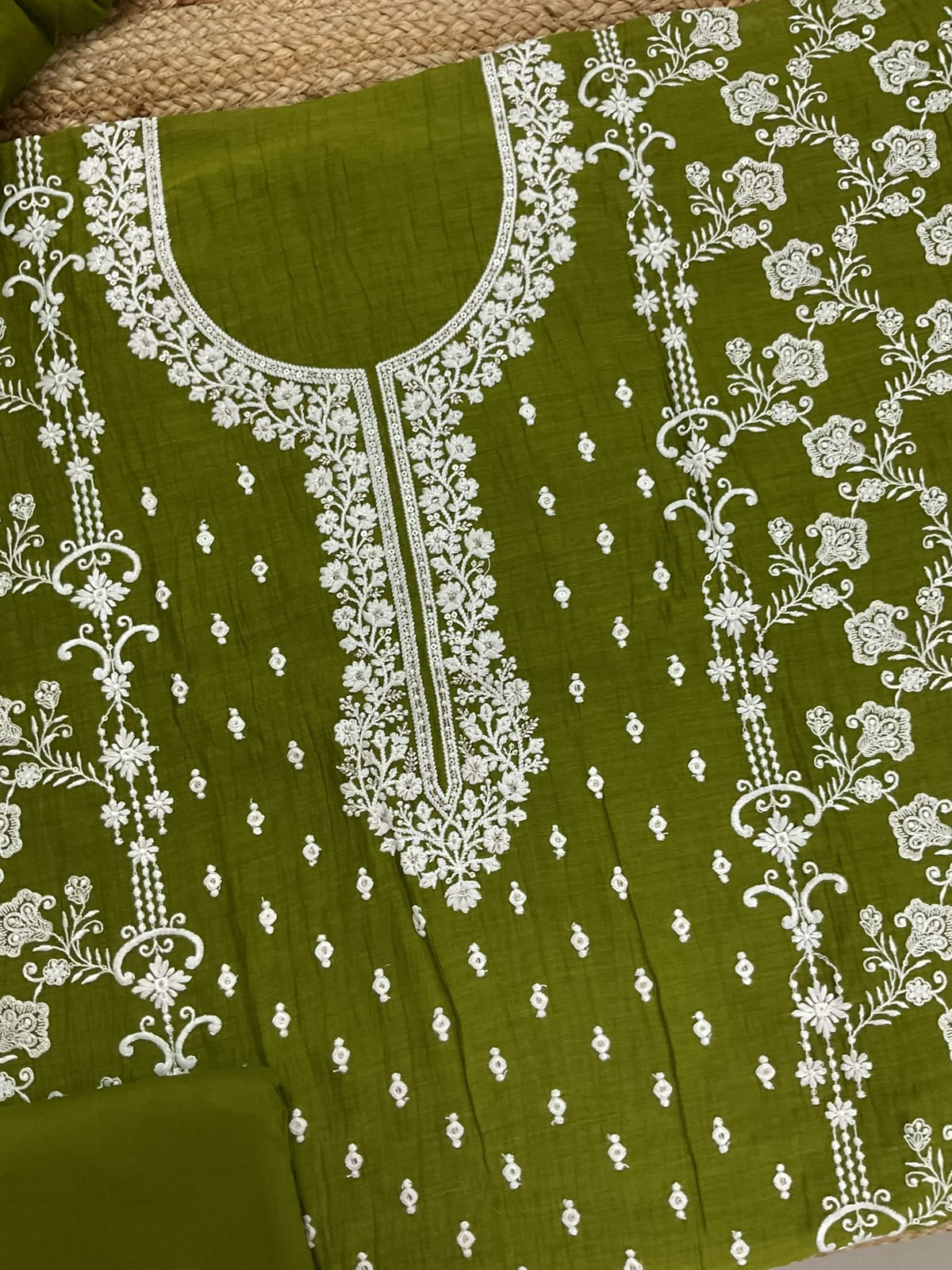Pure Mul Chanderi Embroidered Suit - Green