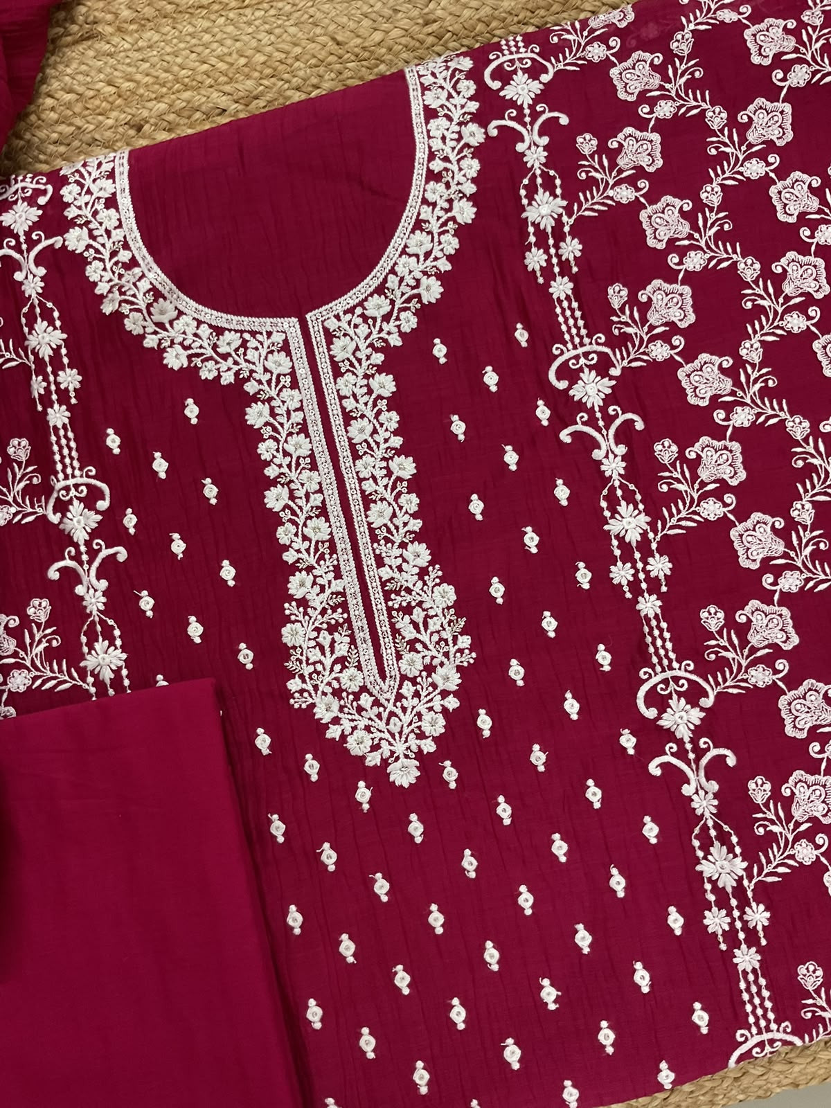 Pure Mul Chanderi Embroidered Suit - Maroon