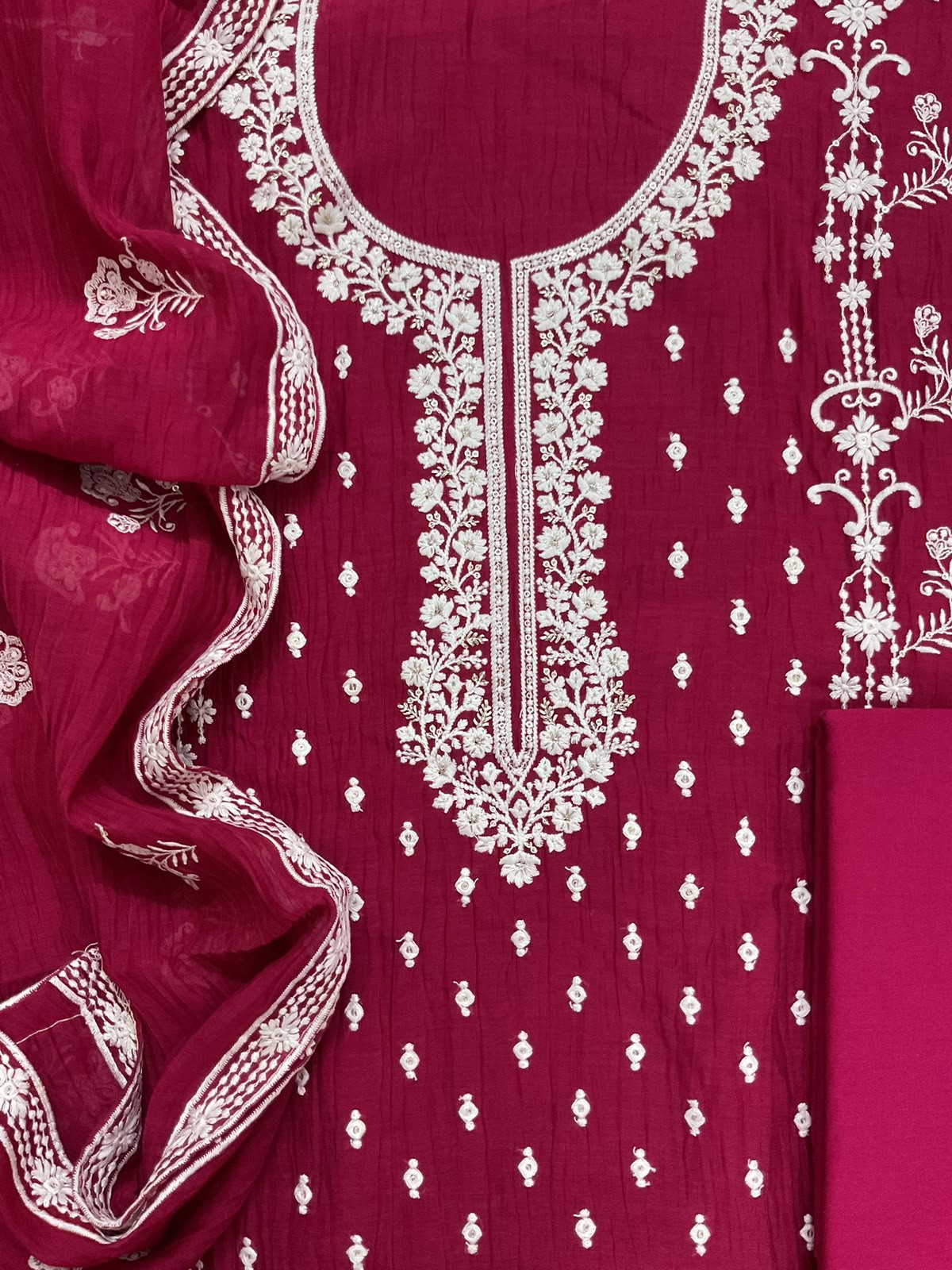 Pure Mul Chanderi Embroidered Suit - Maroon