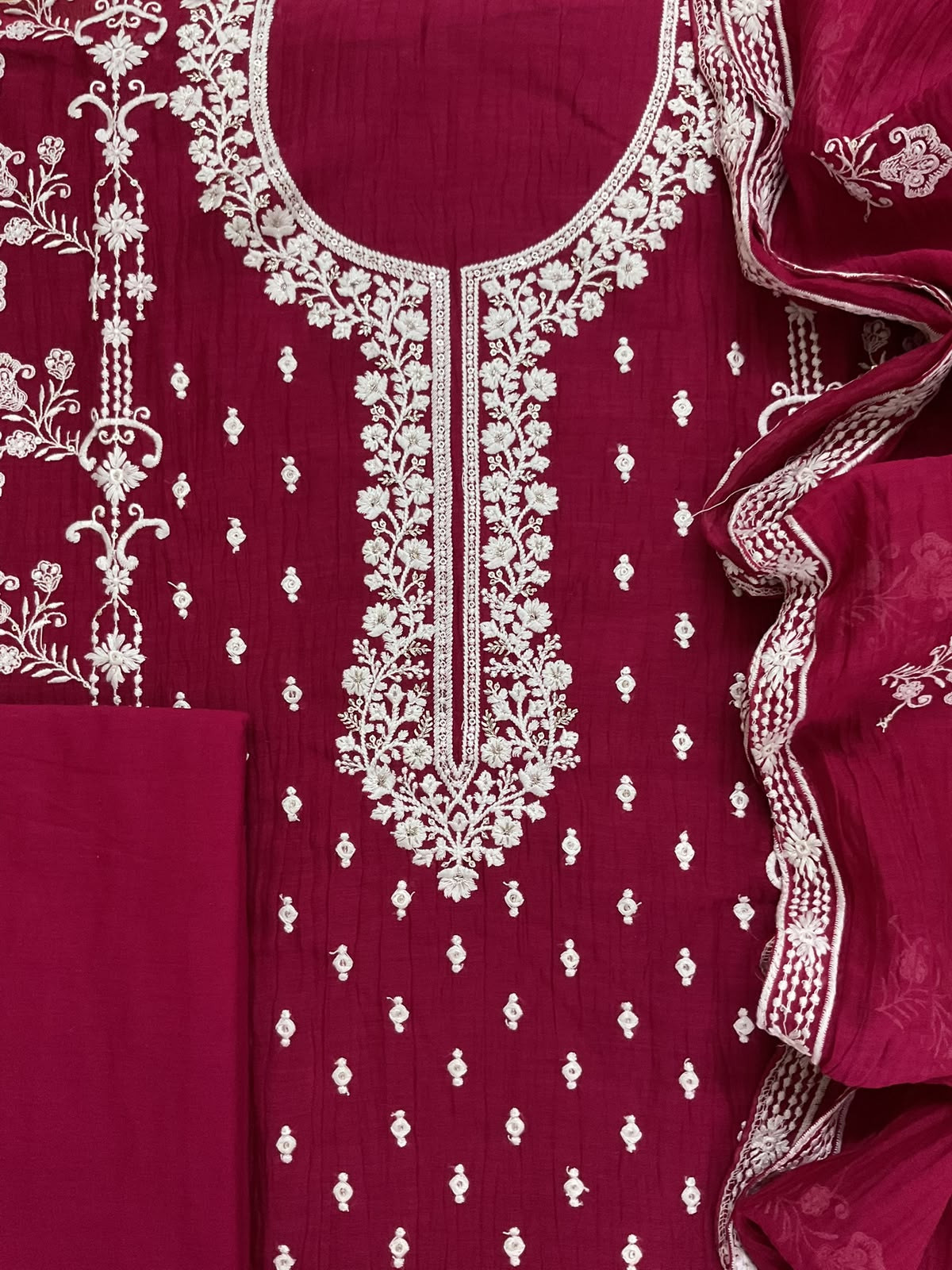 Pure Mul Chanderi Embroidered Suit - Maroon