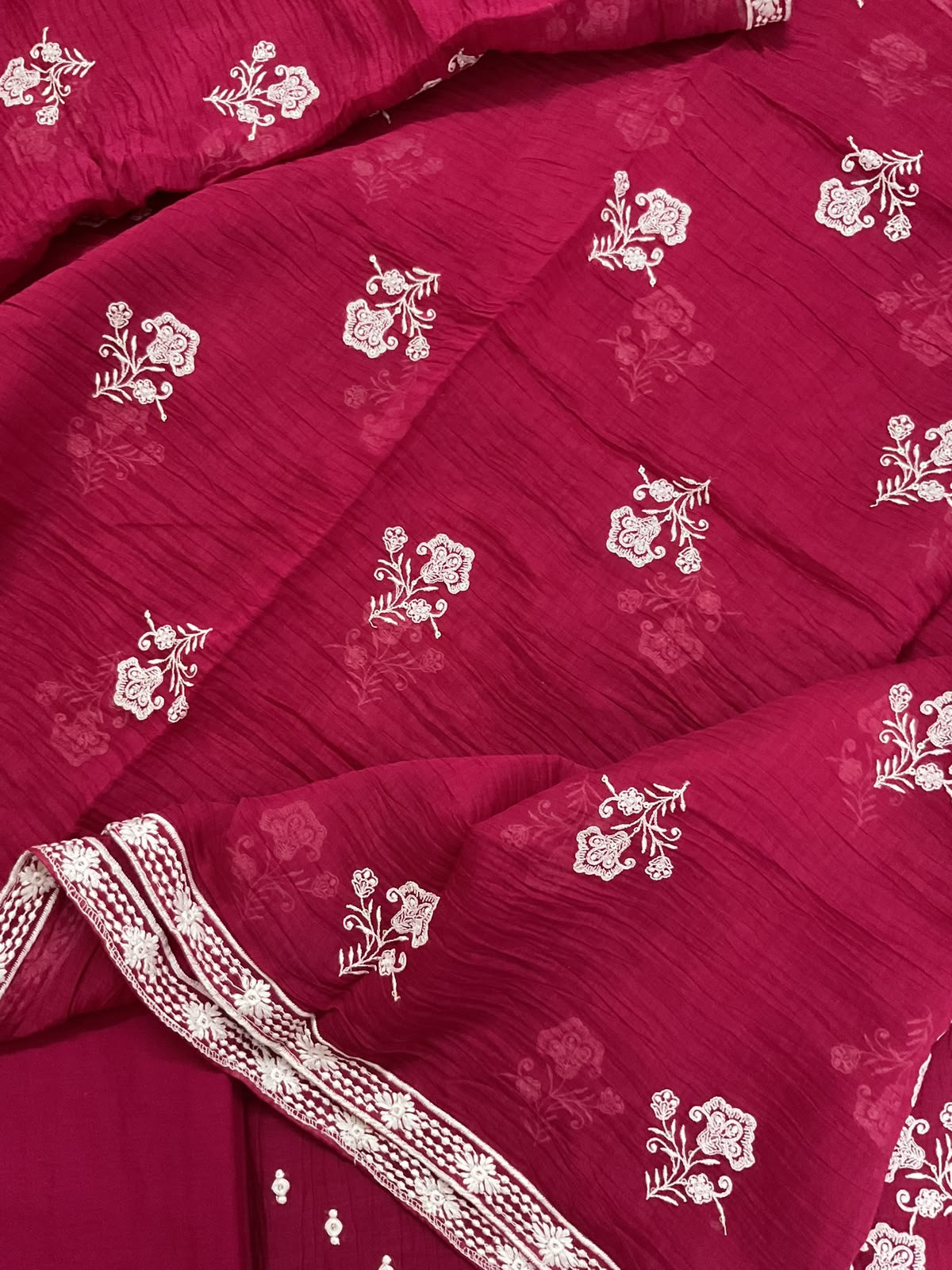Pure Mul Chanderi Embroidered Suit - Maroon