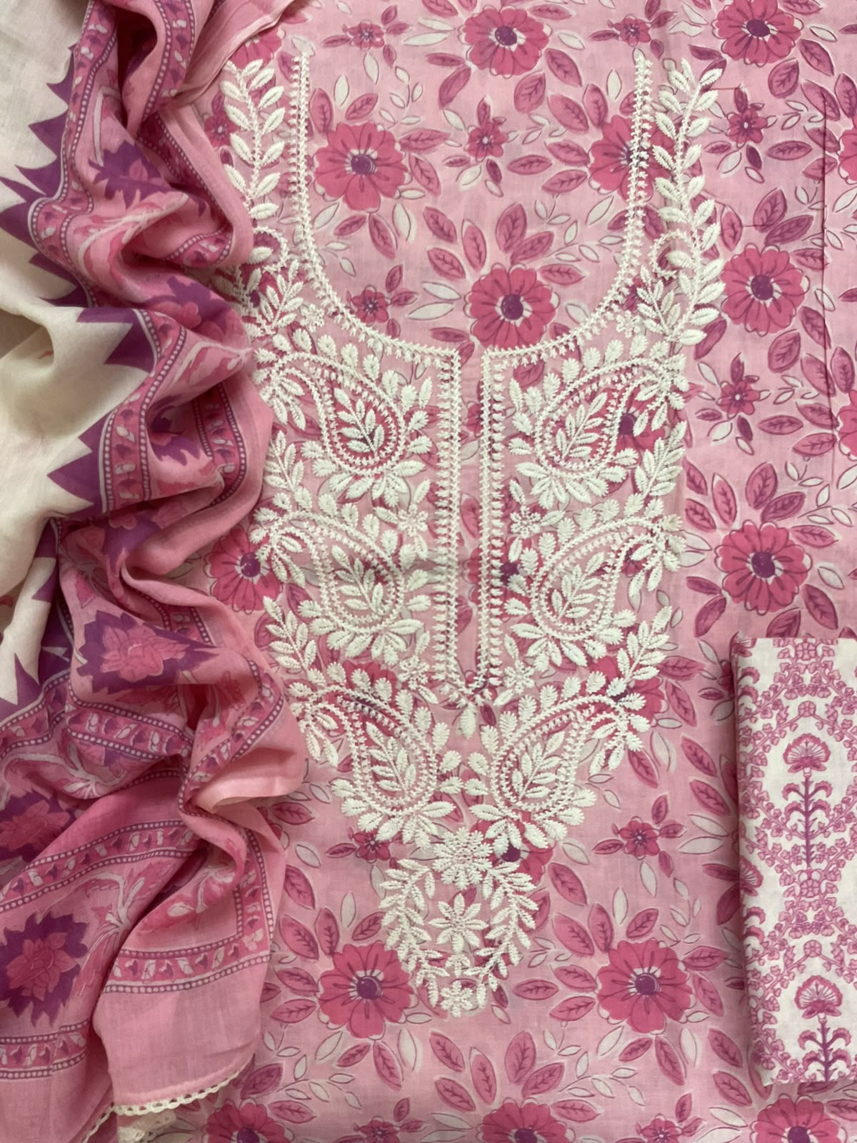 Pure Fine Mul Cotton Printed Embroidered Suit - Pink