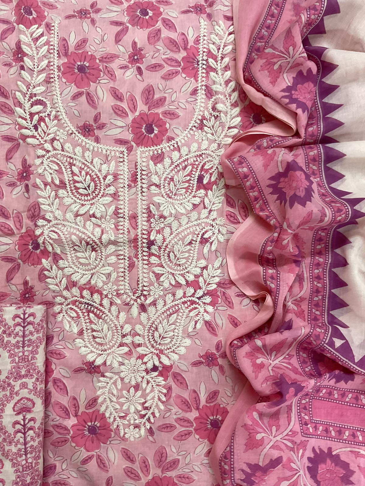 Pure Fine Mul Cotton Printed Embroidered Suit - Pink