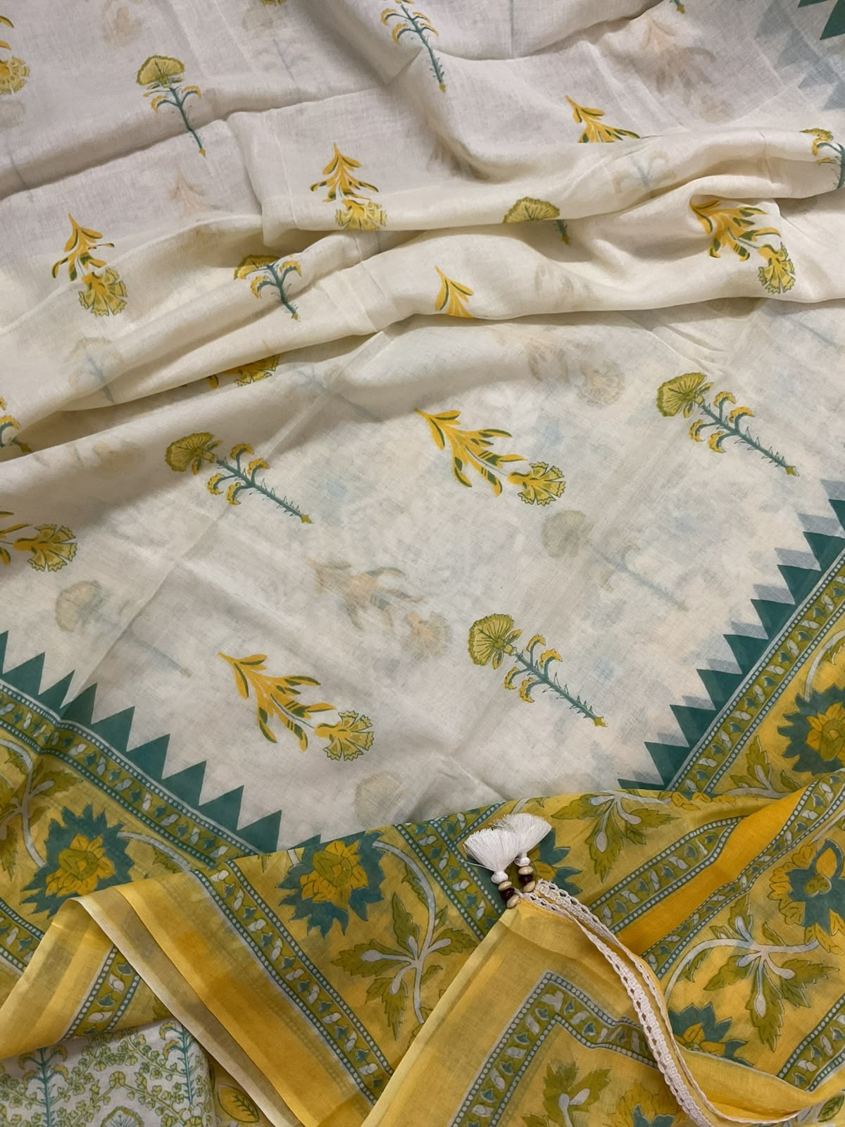 Pure Fine Mul Cotton Printed Embroidered Suit - Yellow