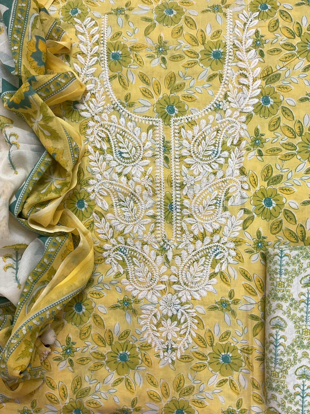 Pure Fine Mul Cotton Printed Embroidered Suit - Yellow