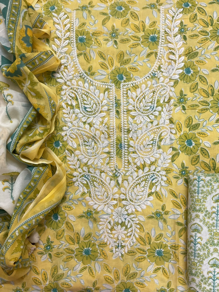 Image of Pure Fine Mul Cotton Printed Embroidered Suit - Yellow