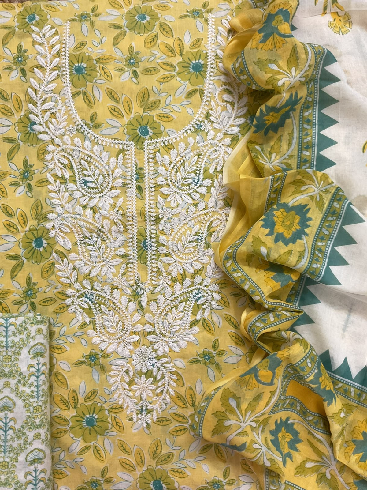 Pure Fine Mul Cotton Printed Embroidered Suit - Yellow