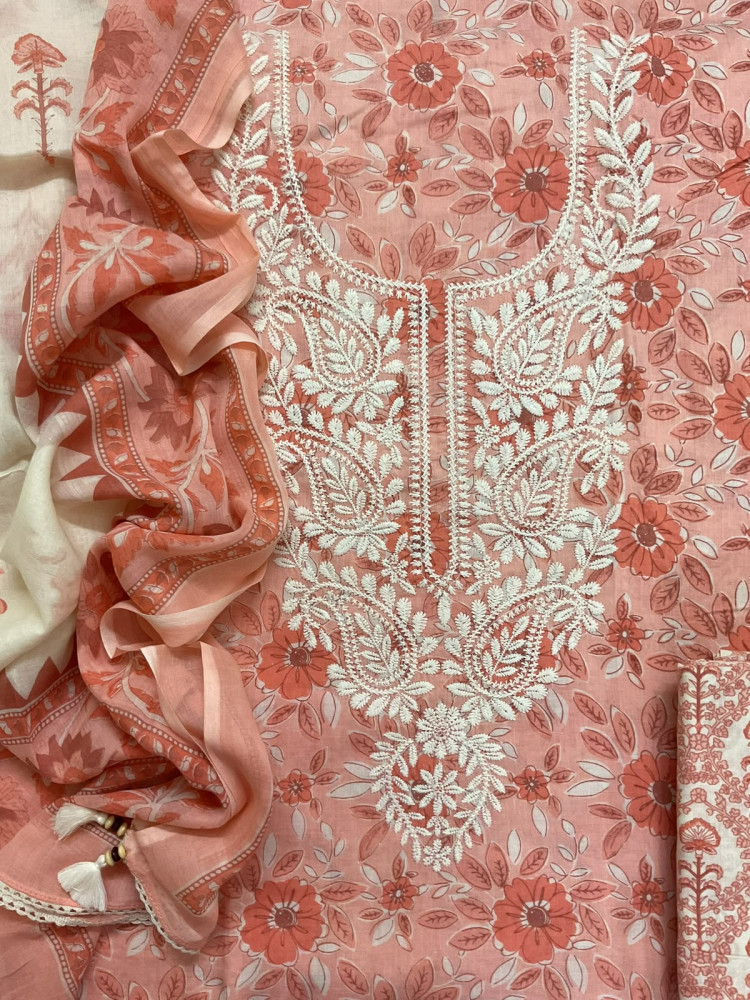 Image of Pure Fine Mul Cotton Printed Embroidered Suit - Peach