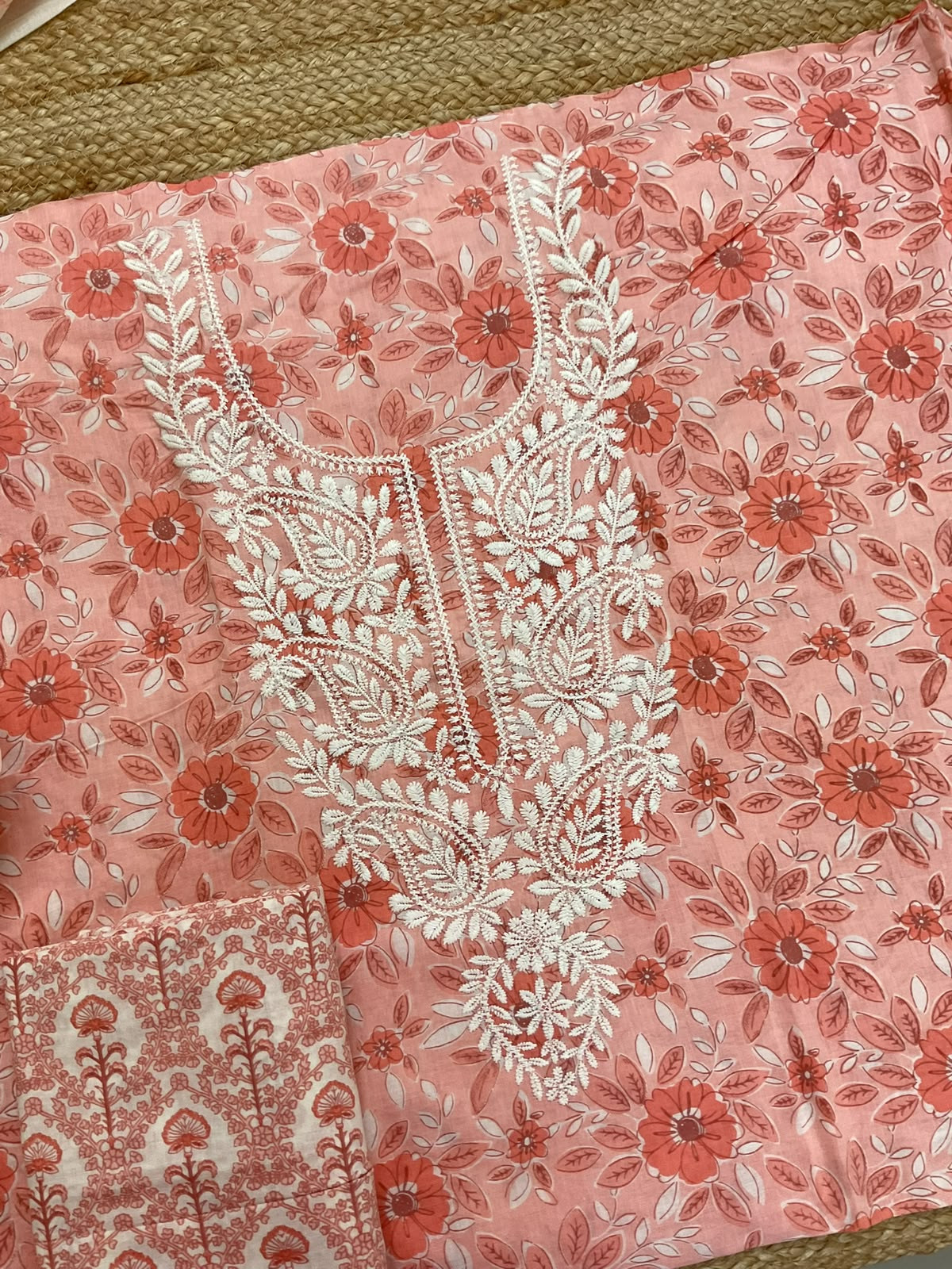 Pure Fine Mul Cotton Printed Embroidered Suit - Peach