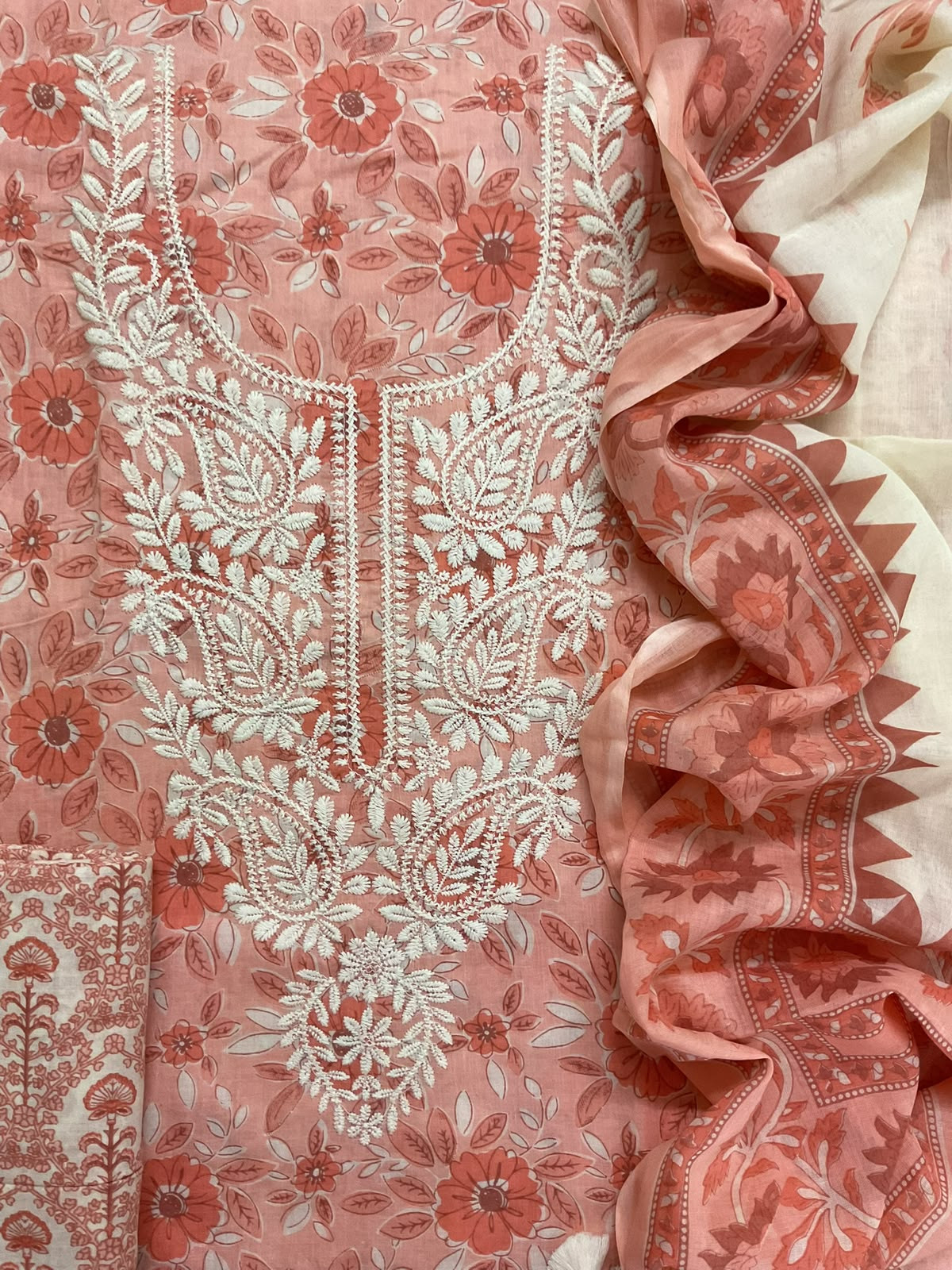 Pure Fine Mul Cotton Printed Embroidered Suit - Peach