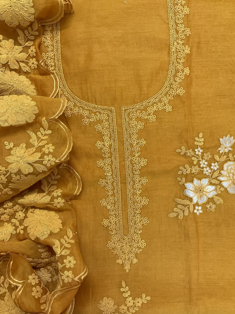 Image of Pure Mul Chanderi Embroidered Suit - Yellow