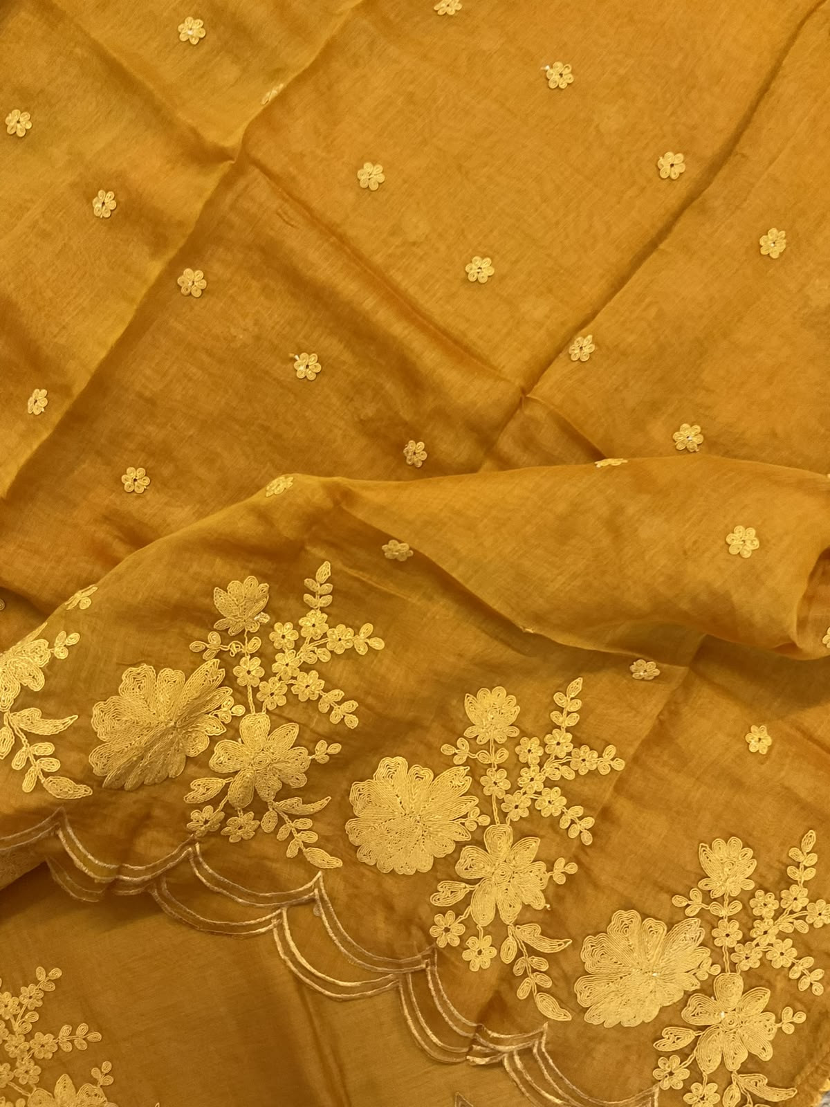 Pure Mul Chanderi Embroidered Suit - Yellow
