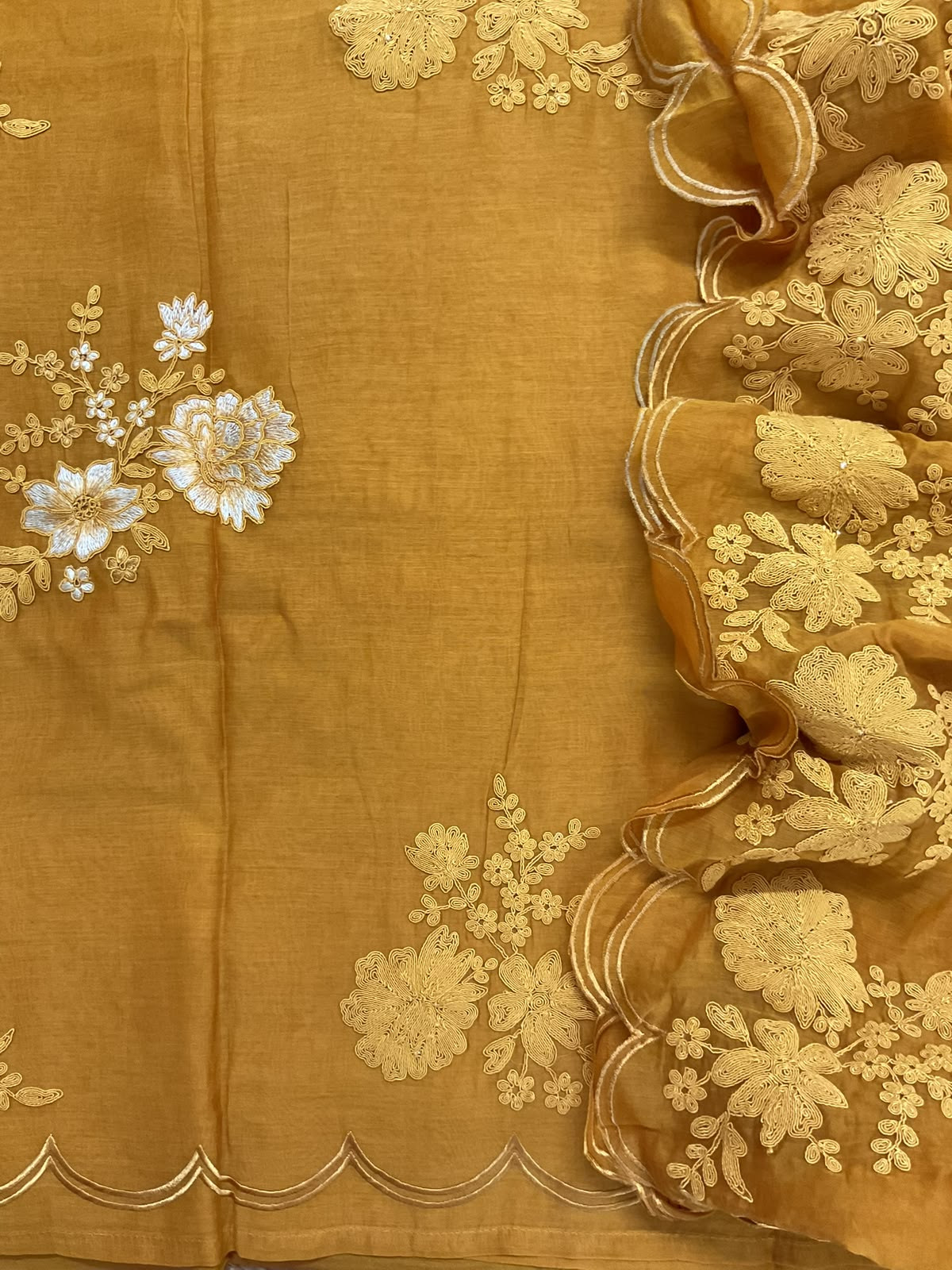 Pure Mul Chanderi Embroidered Suit - Yellow