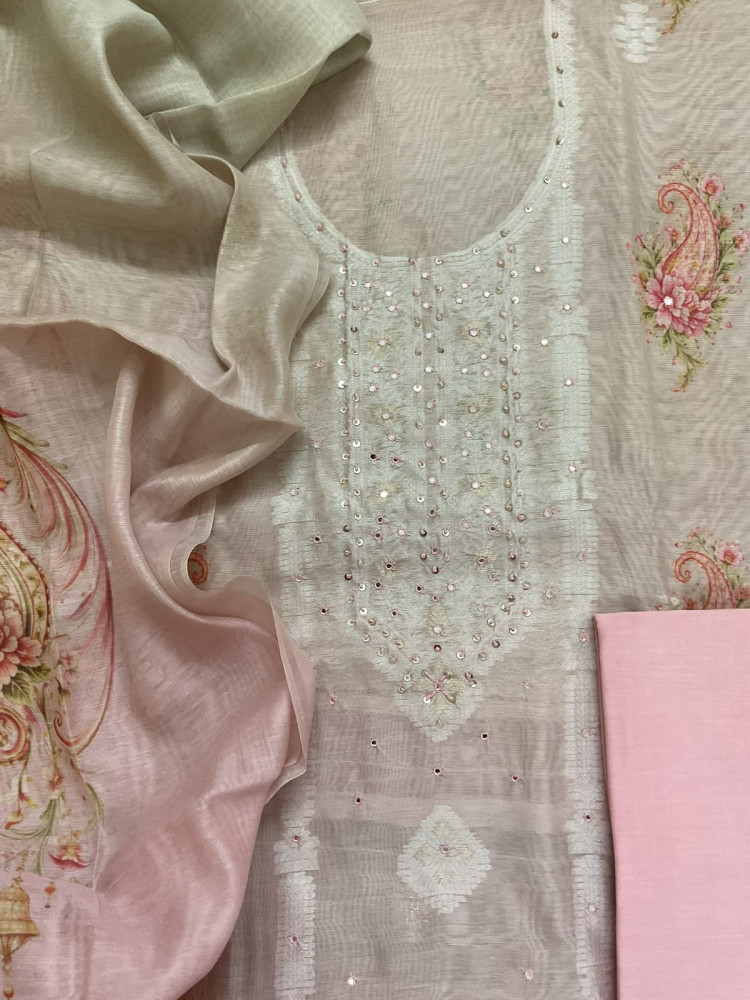 Image of Soft Kora Chanderi Printed Jamdani Weaved Embroidered Suit - Pink