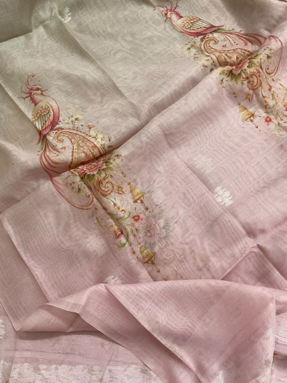 Soft Kora Chanderi Printed Jamdani Weaved Embroidered Suit - Pink