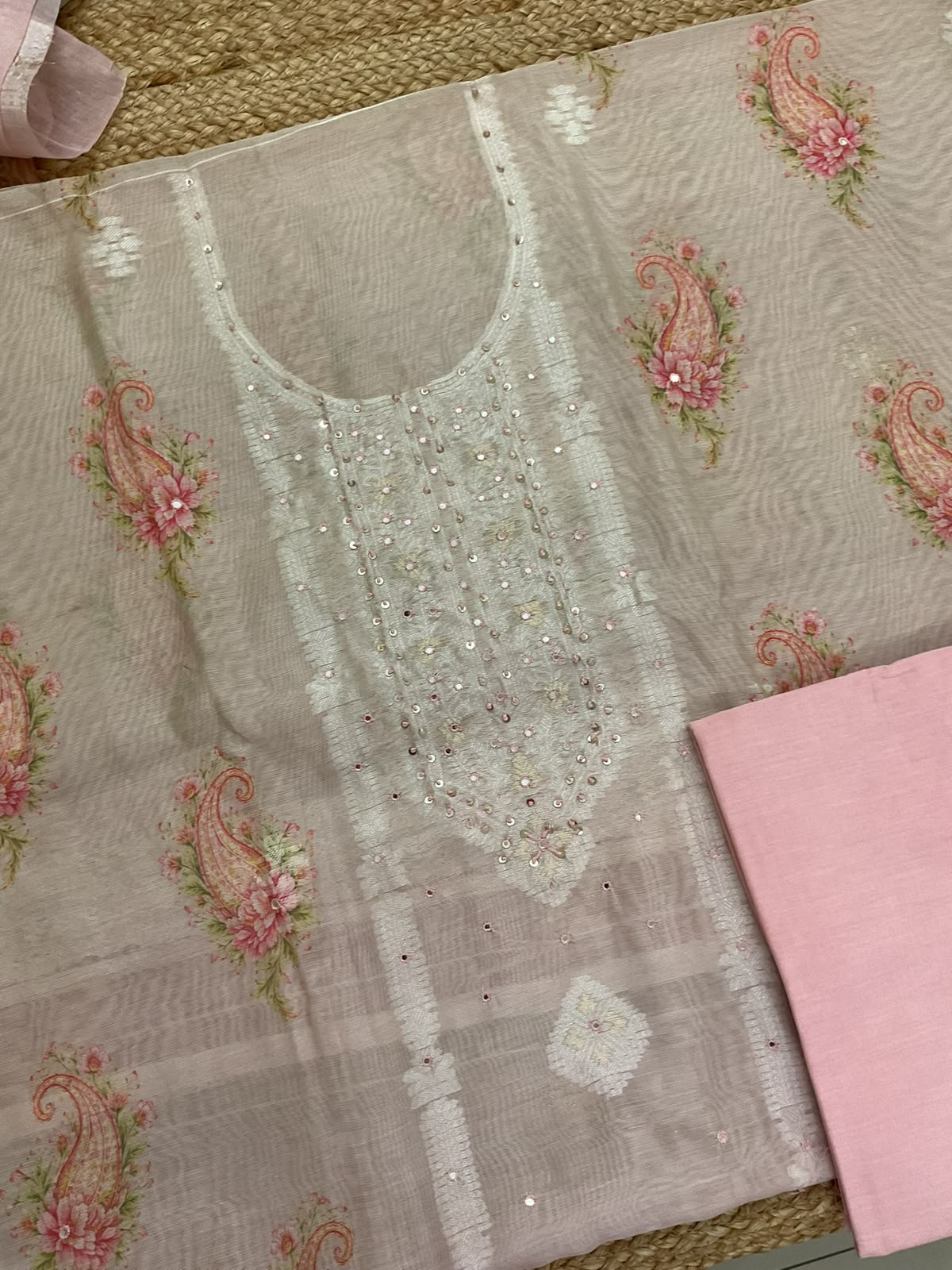 Soft Kora Chanderi Printed Jamdani Weaved Embroidered Suit - Pink
