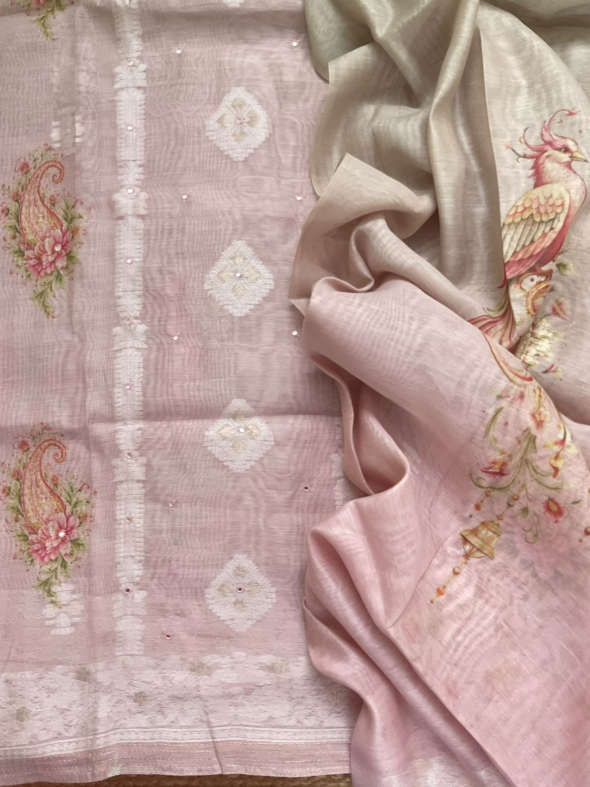 Soft Kora Chanderi Printed Jamdani Weaved Embroidered Suit - Pink