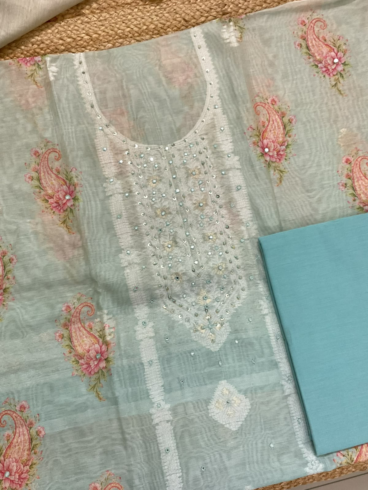Soft Kora Chanderi Printed Jamdani Weaved Embroidered Suit - Blue