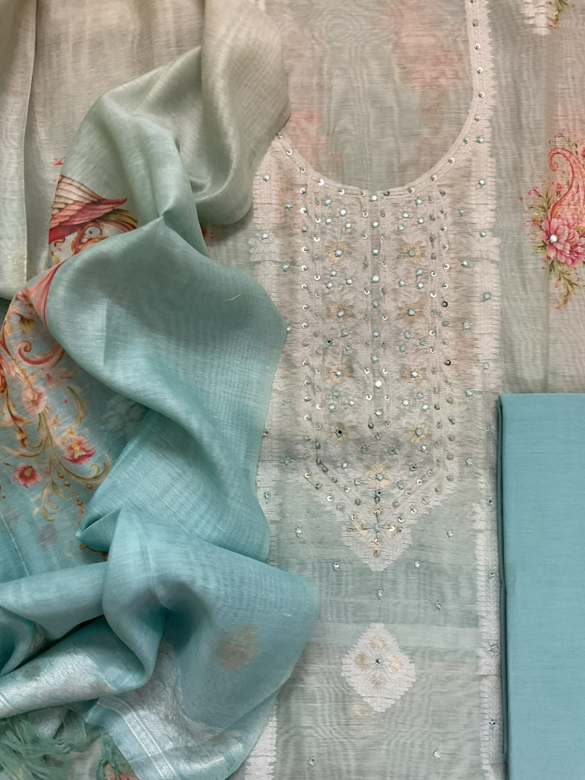 Soft Kora Chanderi Printed Jamdani Weaved Embroidered Suit - Blue