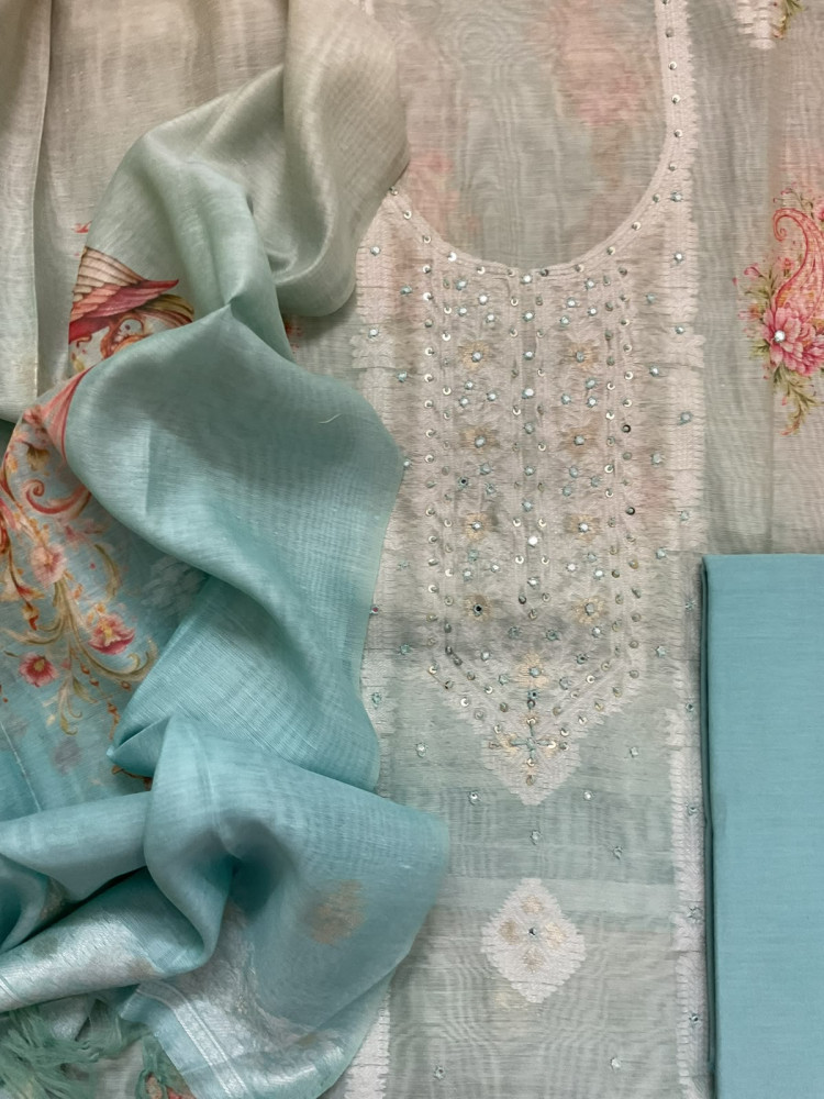Image of Soft Kora Chanderi Printed Jamdani Weaved Embroidered Suit - Blue