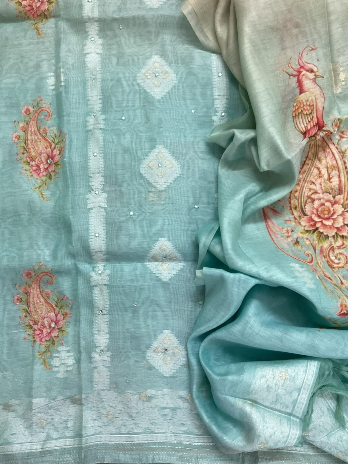 Soft Kora Chanderi Printed Jamdani Weaved Embroidered Suit - Blue