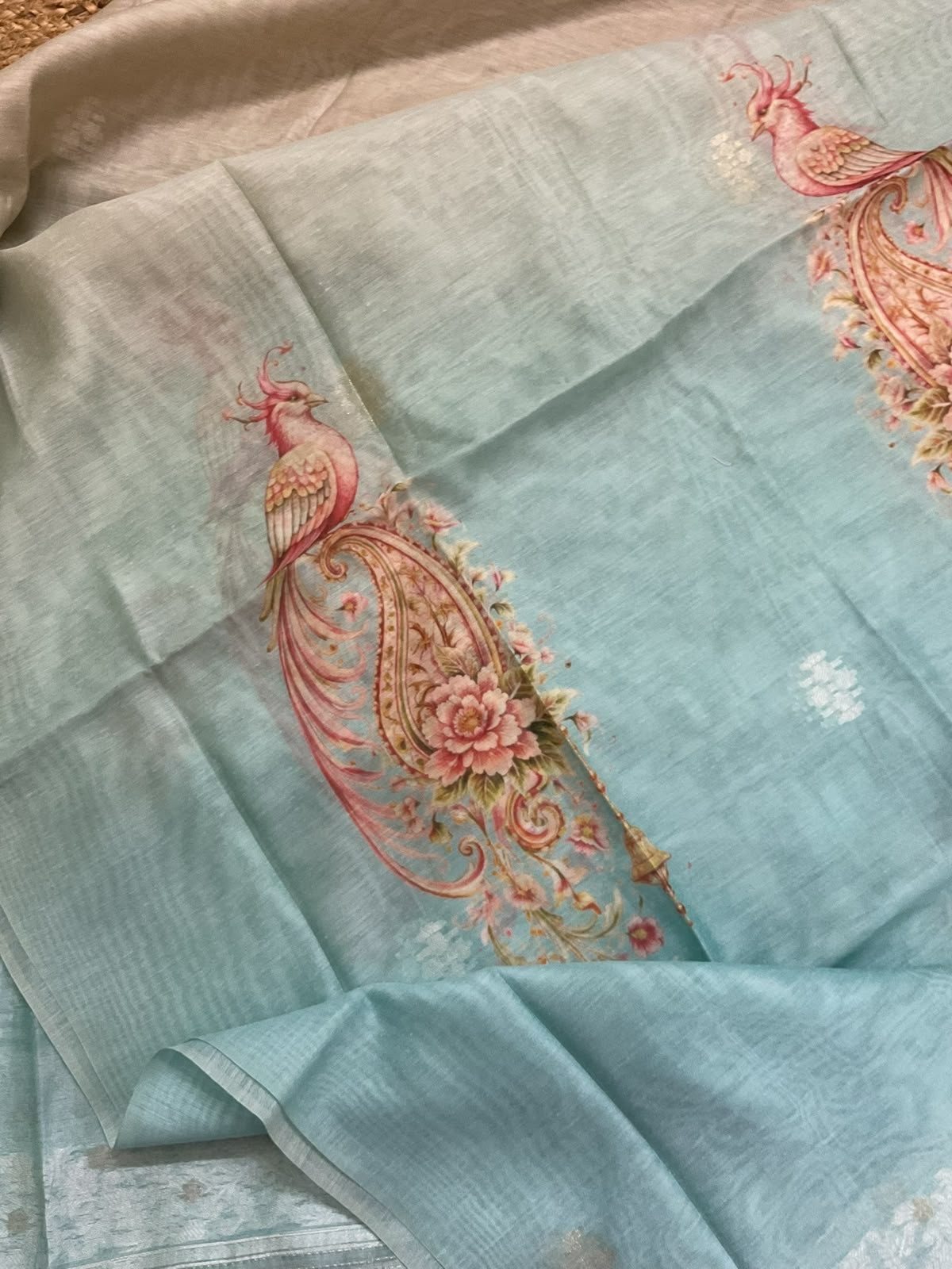Soft Kora Chanderi Printed Jamdani Weaved Embroidered Suit - Blue