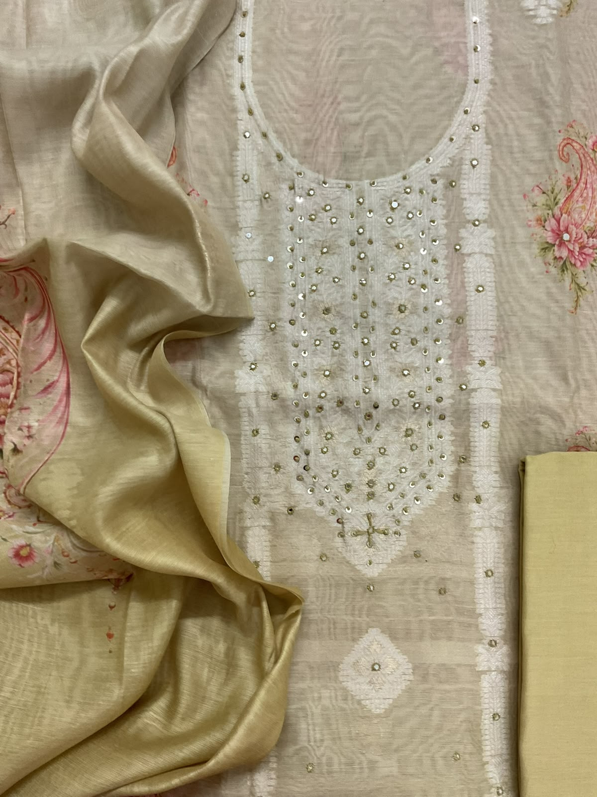 Soft Kora Chanderi Printed Jamdani Weaved Embroidered Suit - Light Mustard