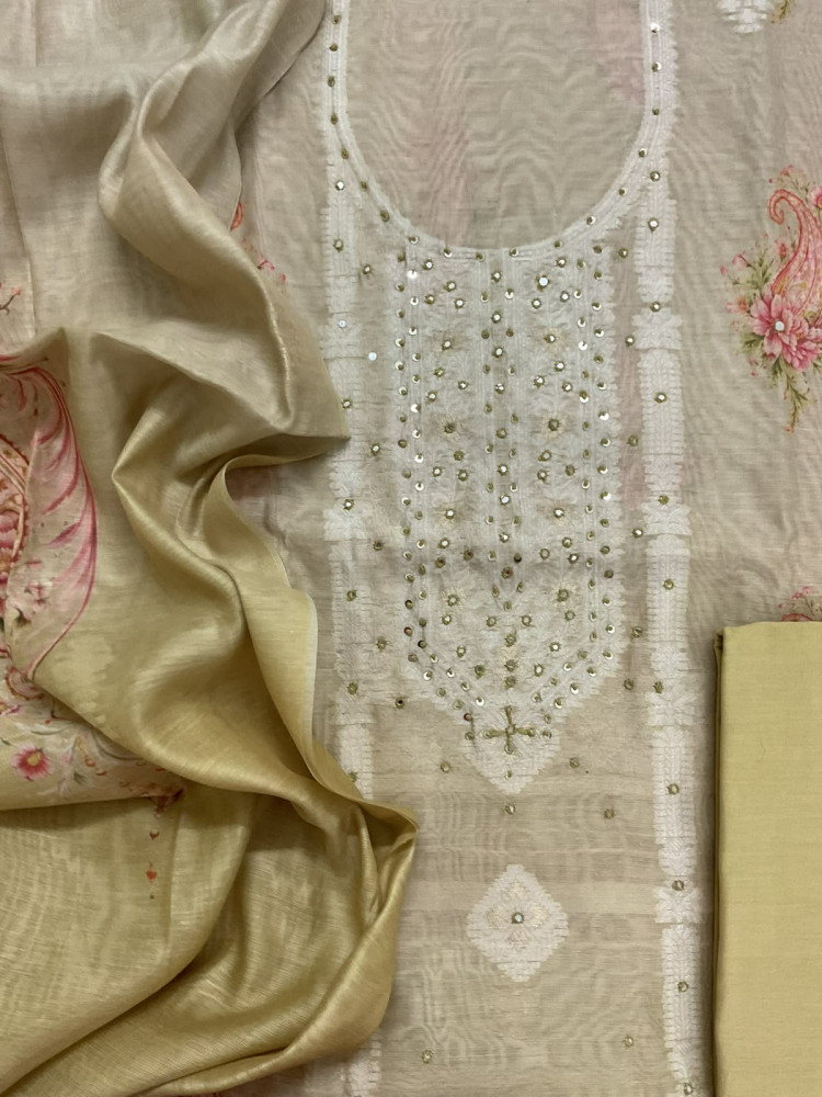 Image of Soft Kora Chanderi Printed Jamdani Weaved Embroidered Suit - Light Mustard