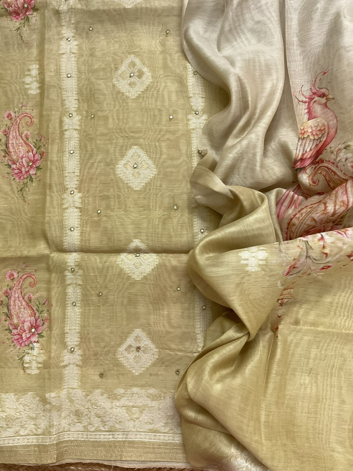 Soft Kora Chanderi Printed Jamdani Weaved Embroidered Suit - Light Mustard