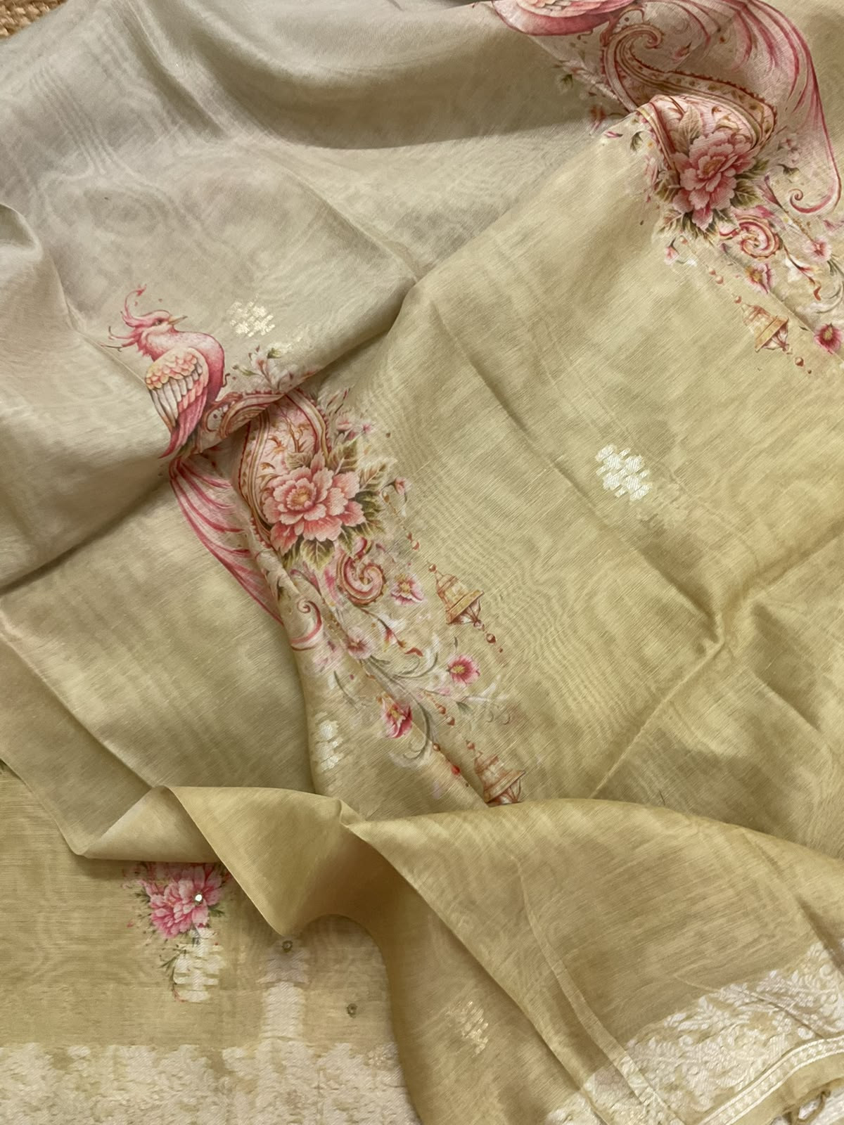 Soft Kora Chanderi Printed Jamdani Weaved Embroidered Suit - Light Mustard