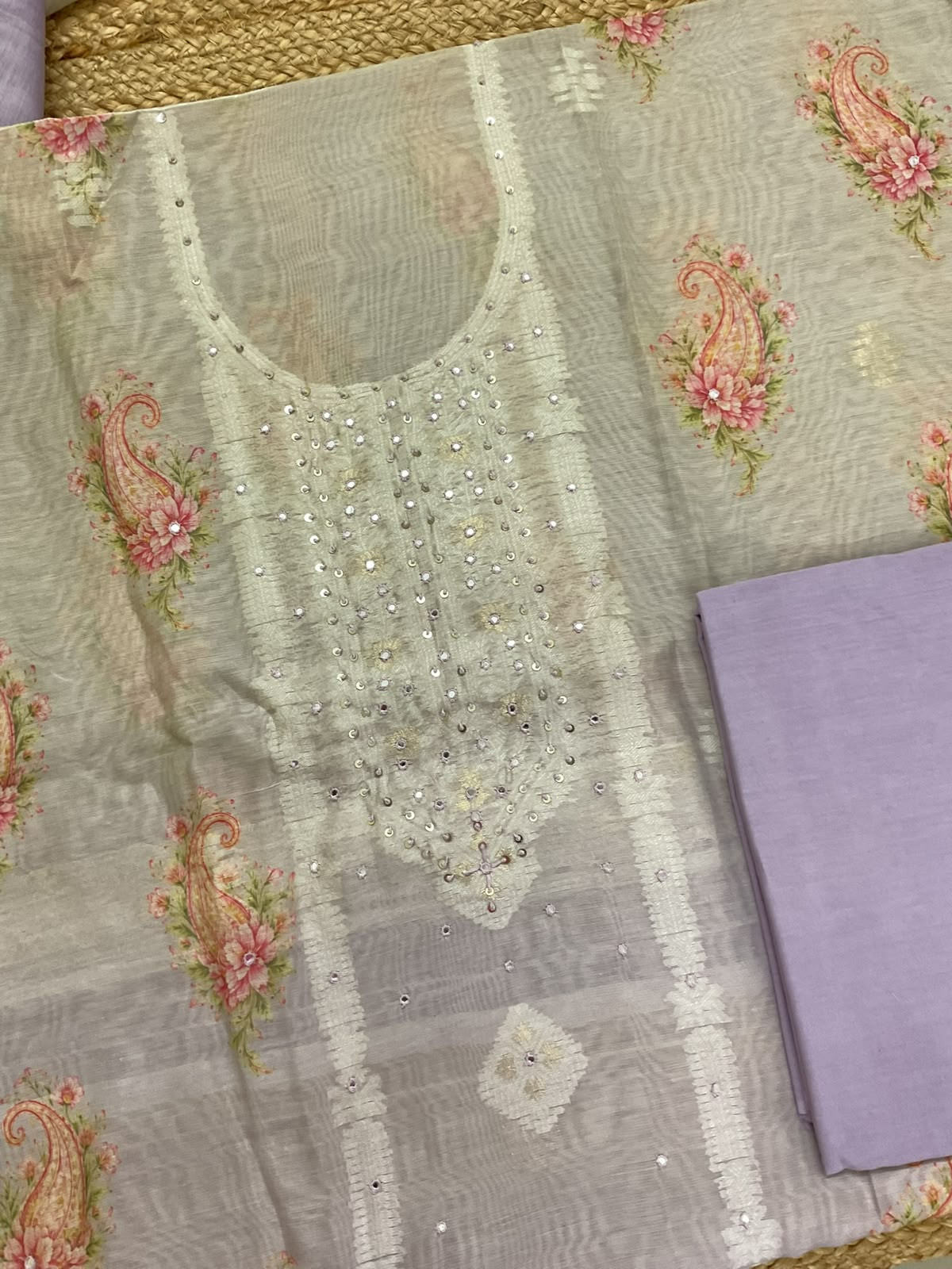 Soft Kora Chanderi Printed Jamdani Weaved Embroidered Suit - Lavender