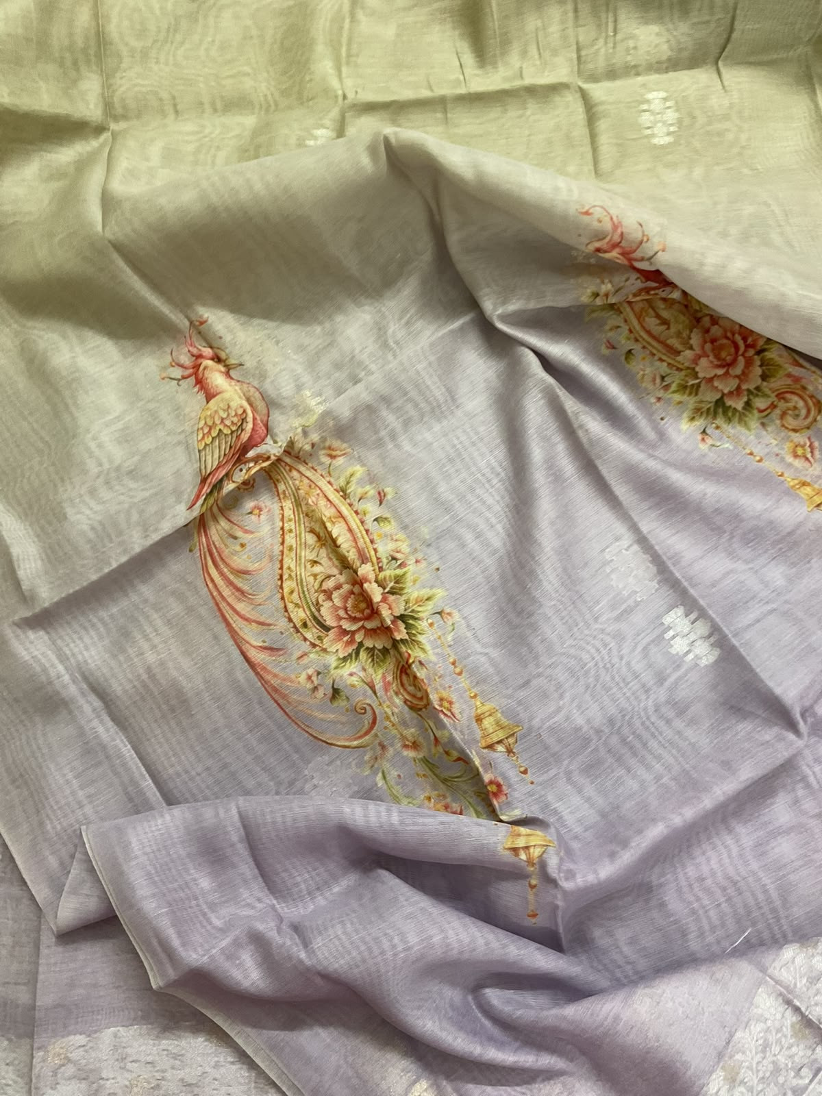 Soft Kora Chanderi Printed Jamdani Weaved Embroidered Suit - Lavender