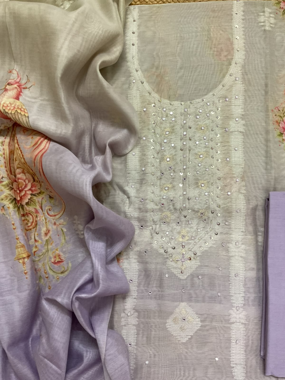 Soft Kora Chanderi Printed Jamdani Weaved Embroidered Suit - Lavender