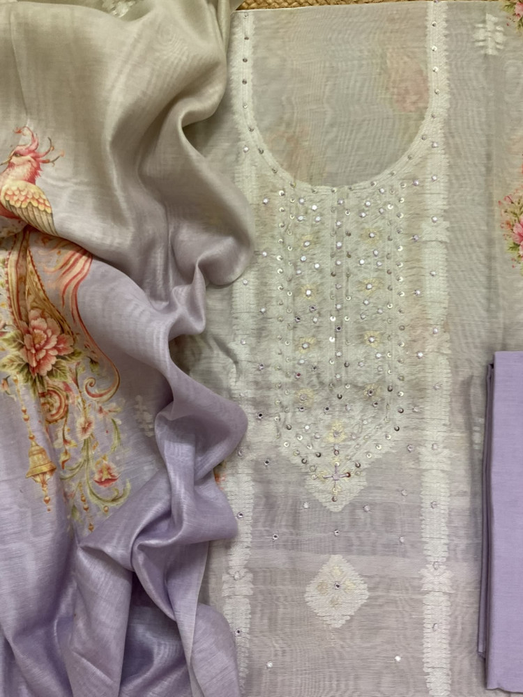 Image of Soft Kora Chanderi Printed Jamdani Weaved Embroidered Suit - Lavender
