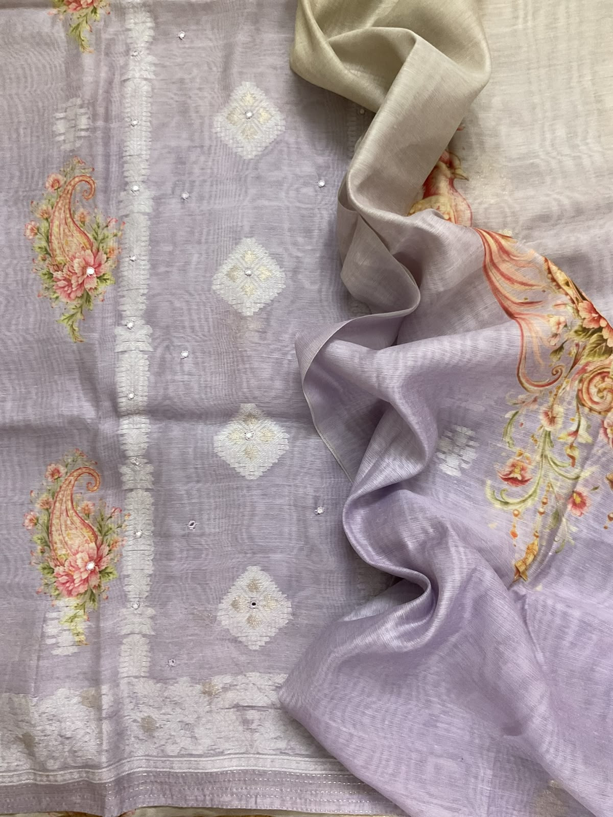 Soft Kora Chanderi Printed Jamdani Weaved Embroidered Suit - Lavender