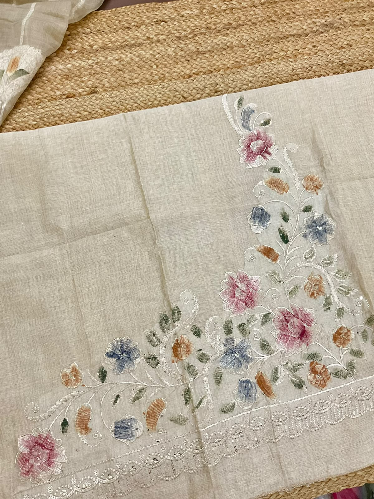 Soft Slub Chanderi Jamdani Weaved Embroidered Suit - Beige
