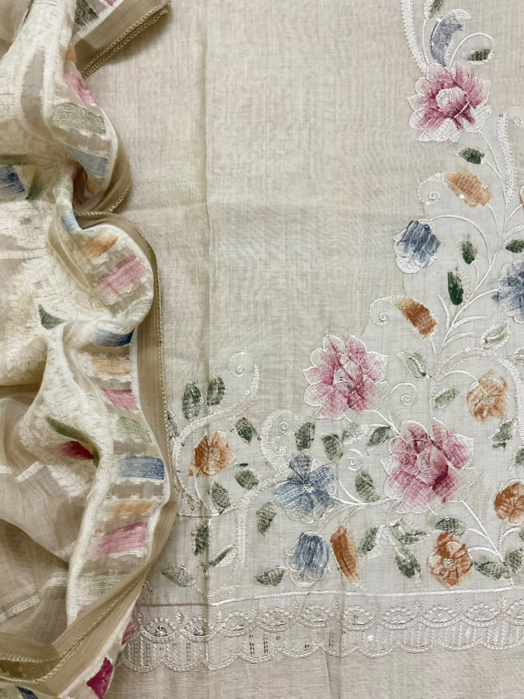 Image of Soft Slub Chanderi Jamdani Weaved Embroidered Suit - Beige
