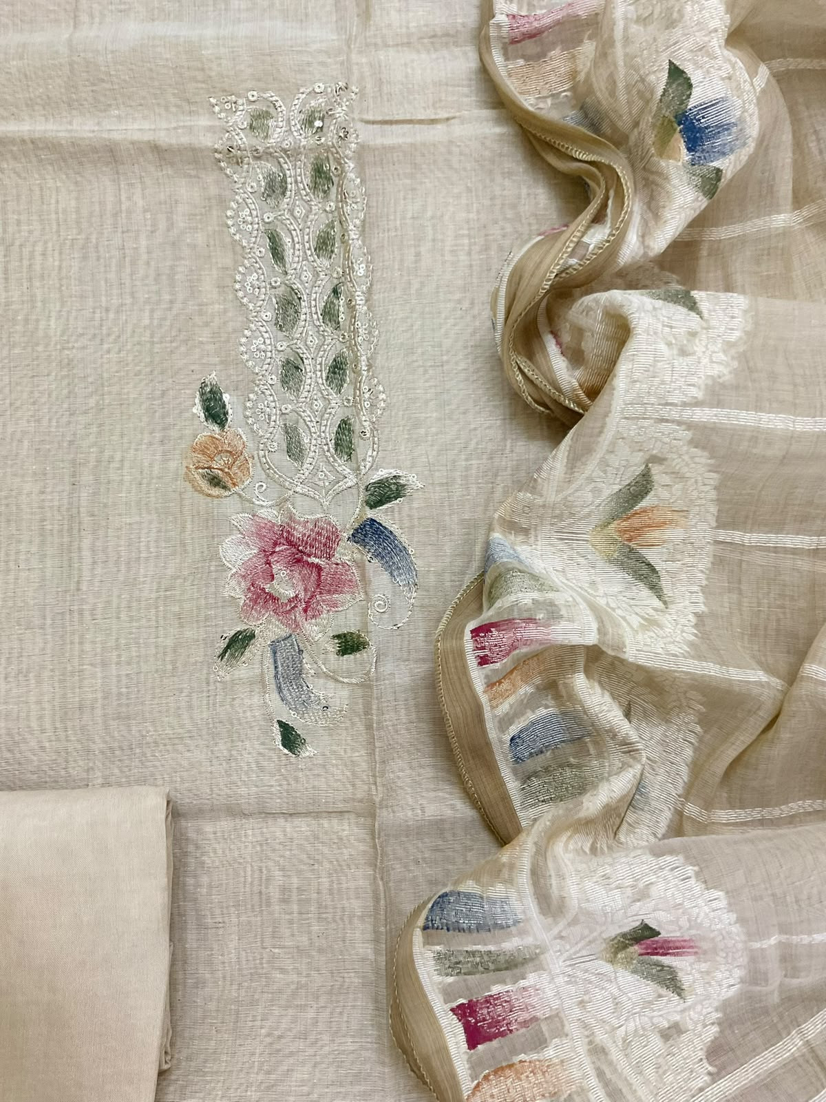 Soft Slub Chanderi Jamdani Weaved Embroidered Suit - Beige
