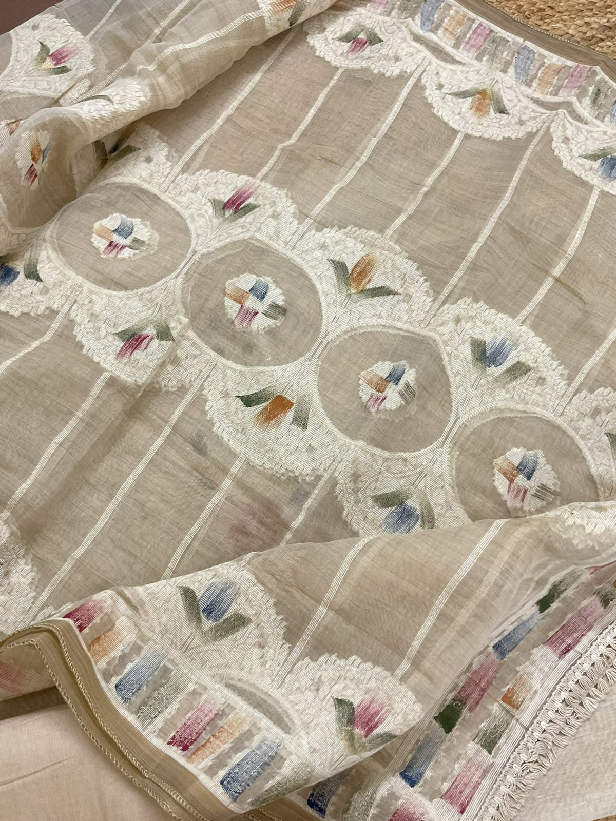 Soft Slub Chanderi Jamdani Weaved Embroidered Suit - Beige