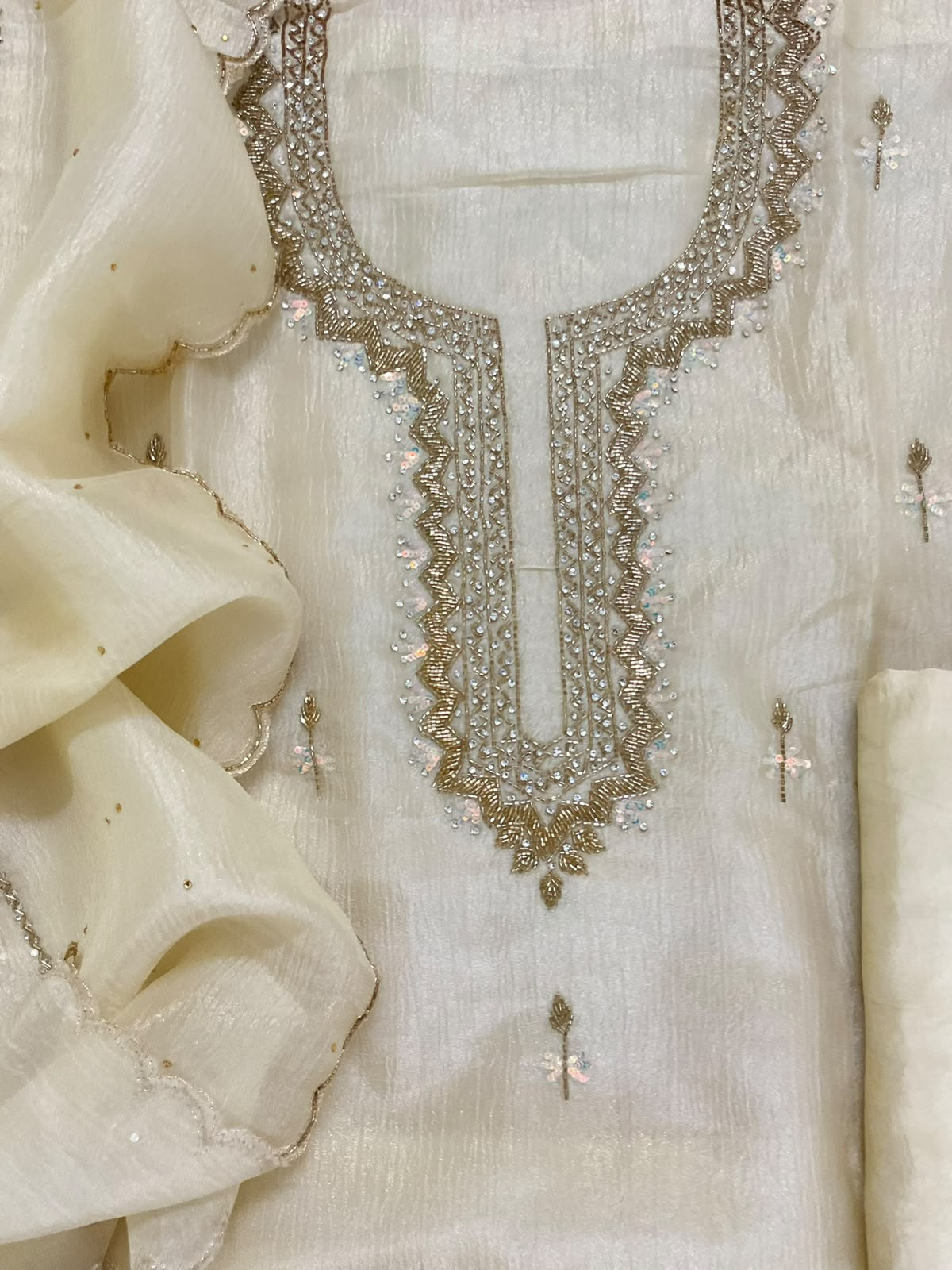 Soft Crushed Tissue Chiffon Embroidered Suit - Cream