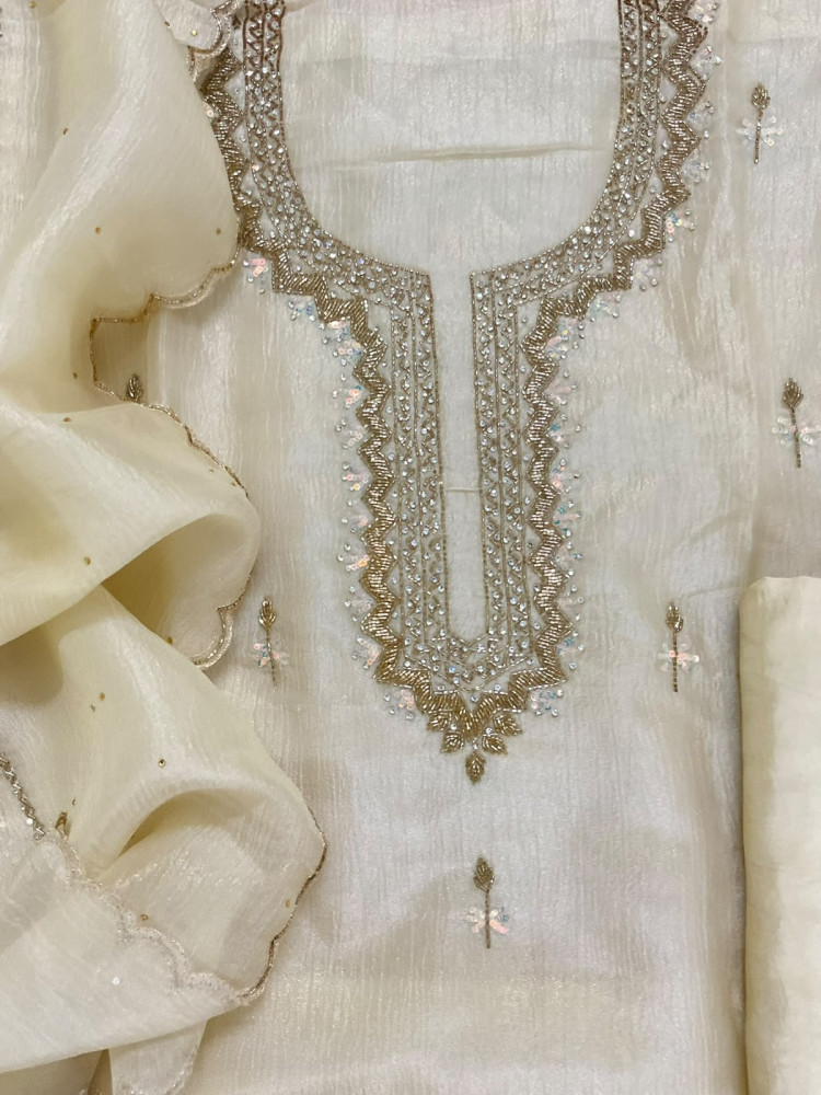 Image of Soft Crushed Tissue Chiffon Embroidered Suit - Cream